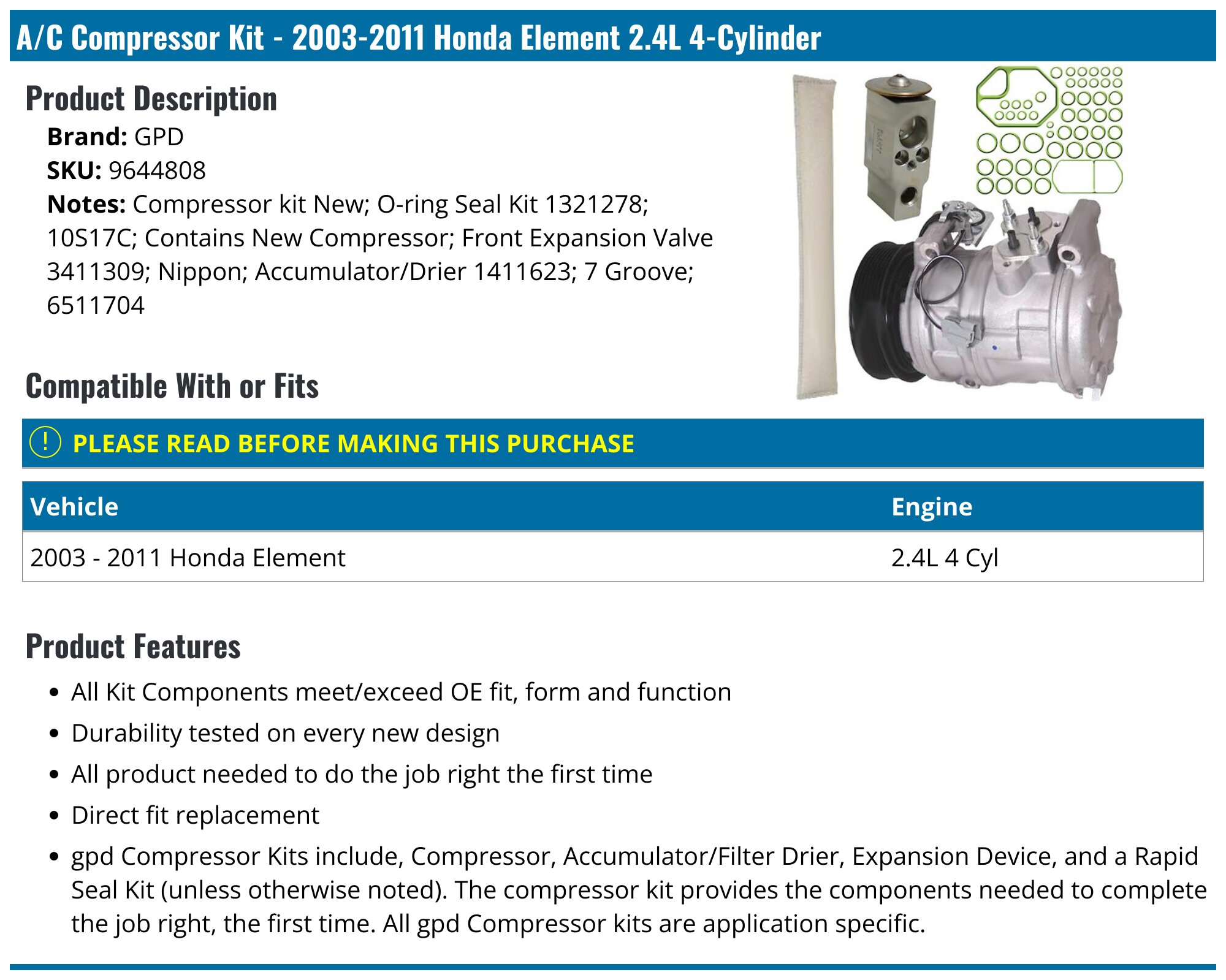 KAC A/C Compressor With Clutch For Honda Element 2003-2011 2.4L - Replaces CO 10739C