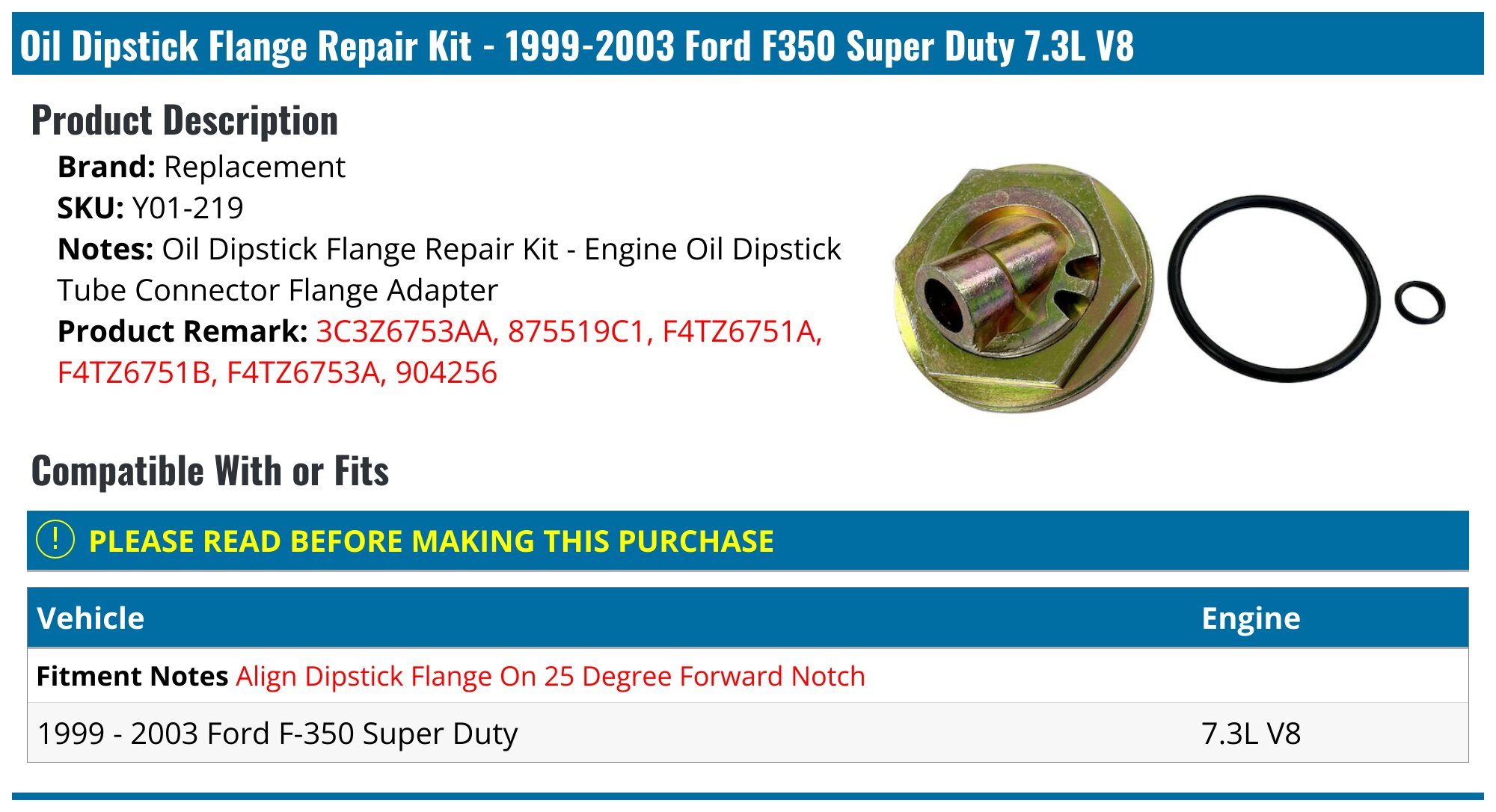 Engine Oil Dipstick Flange Repair Kit For Ford 7.3L – Fits F750, Excursion, E-Series, F-250/F-350 & More