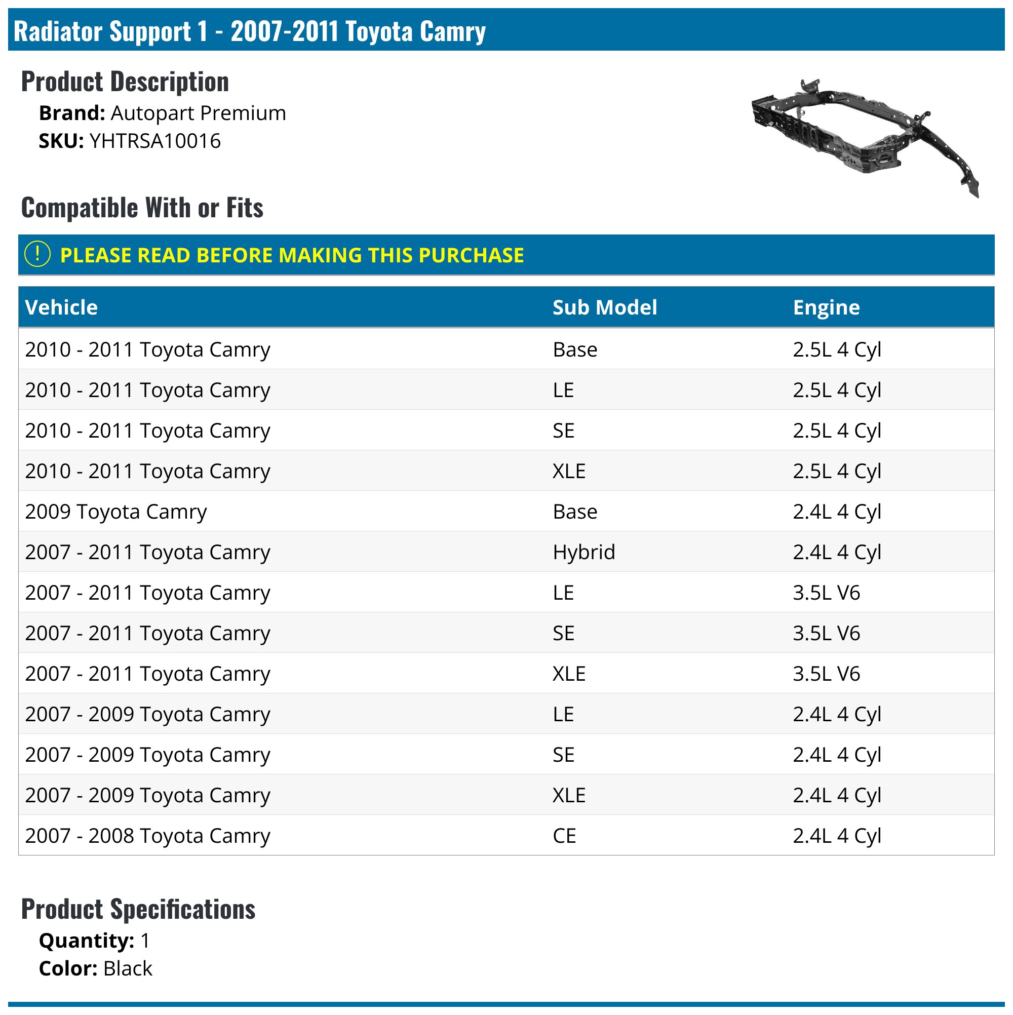 2007-2011 Toyota Camry Radiator Support - Autopart Premium YHTRSA10016 ...