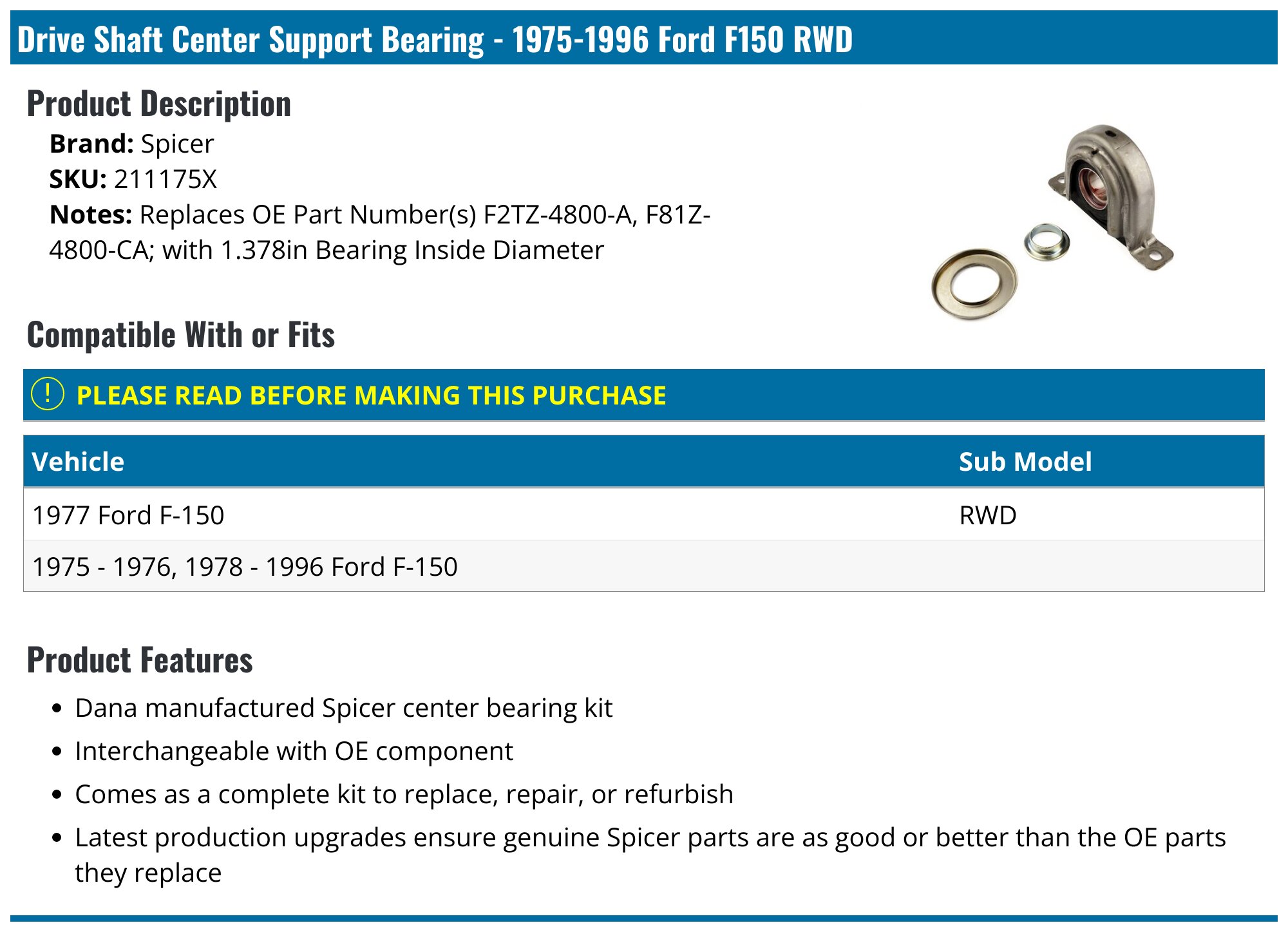 19751996 Ford F150 Drive Shaft Center Support Bearing Spicer 211175X