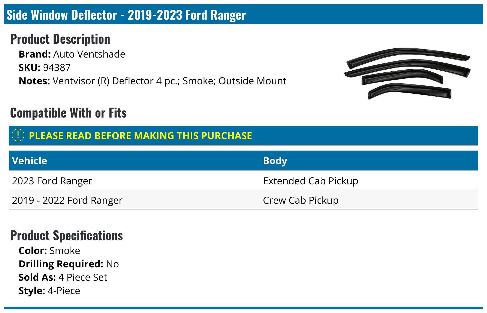 2019-2026 Ford Ranger Side Window Deflector - Auto Ventshade 94387 ...
