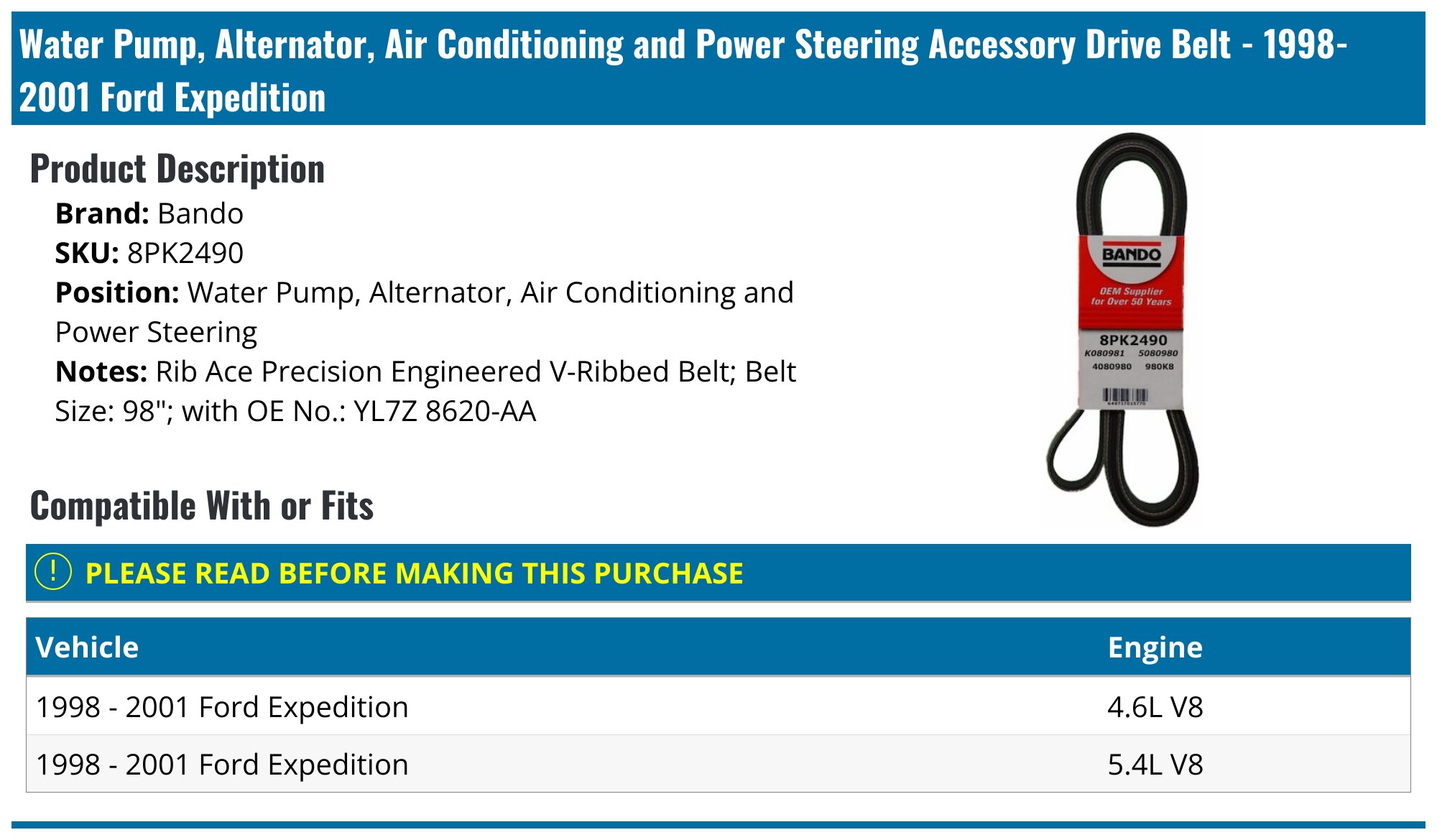 1997-2001 Ford Expedition Accessory Drive Belt Bando 8PK2490 - Main Image