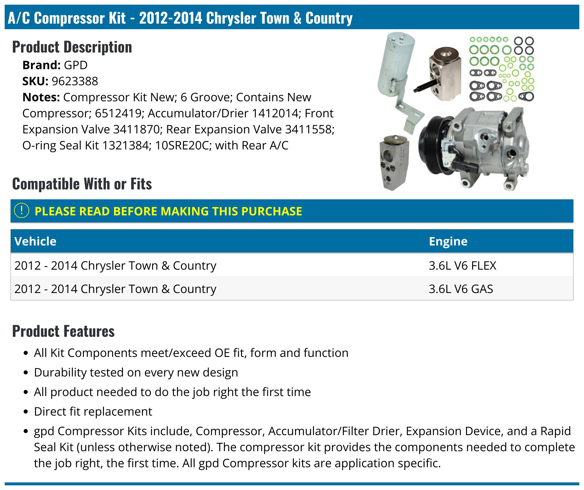 AC COMPRESSOR KIT 2012,2013,2014,2015,2016,2017 GRAND CARAVAN, TOWN