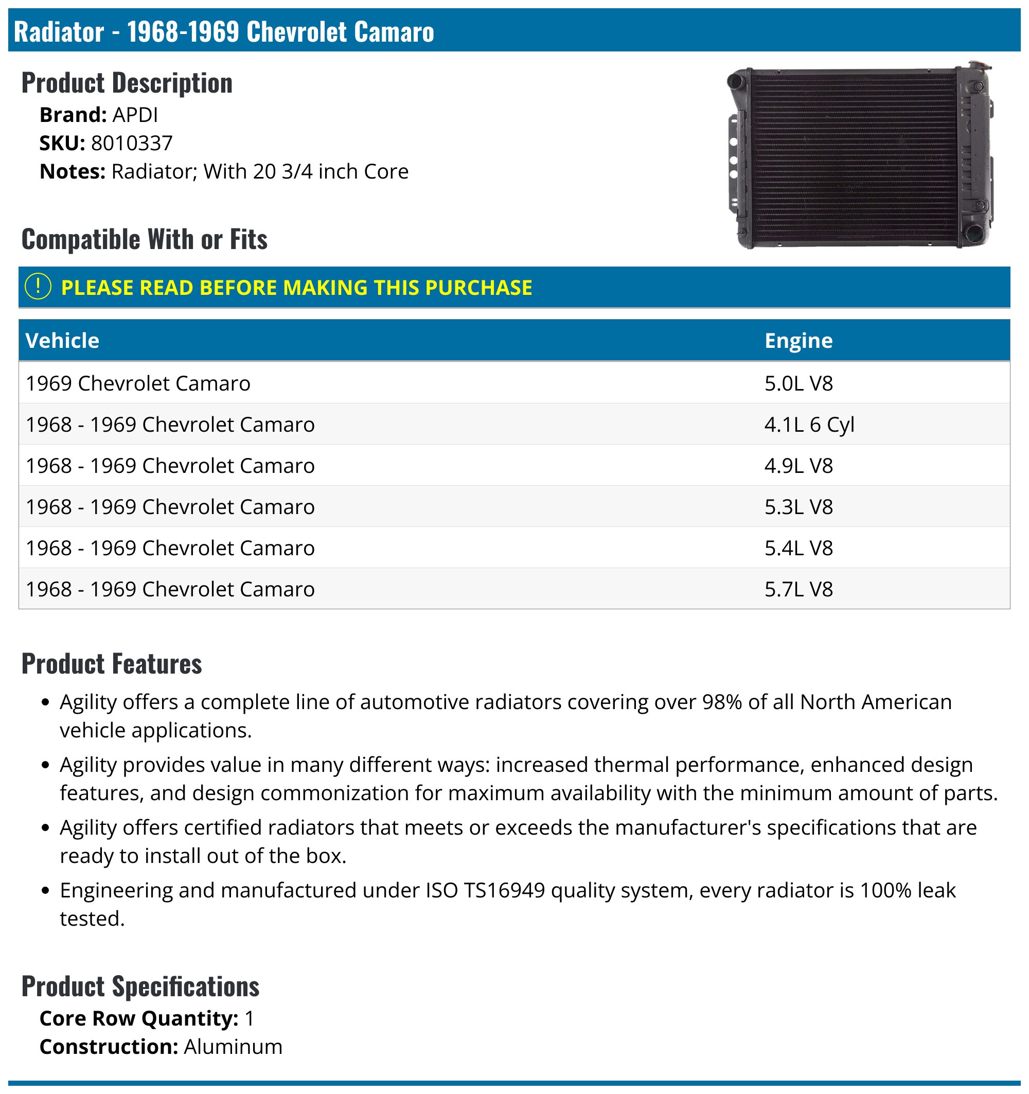 1968-1969 Chevrolet Camaro Radiator - APDI 8010337 - PartsGeek.com