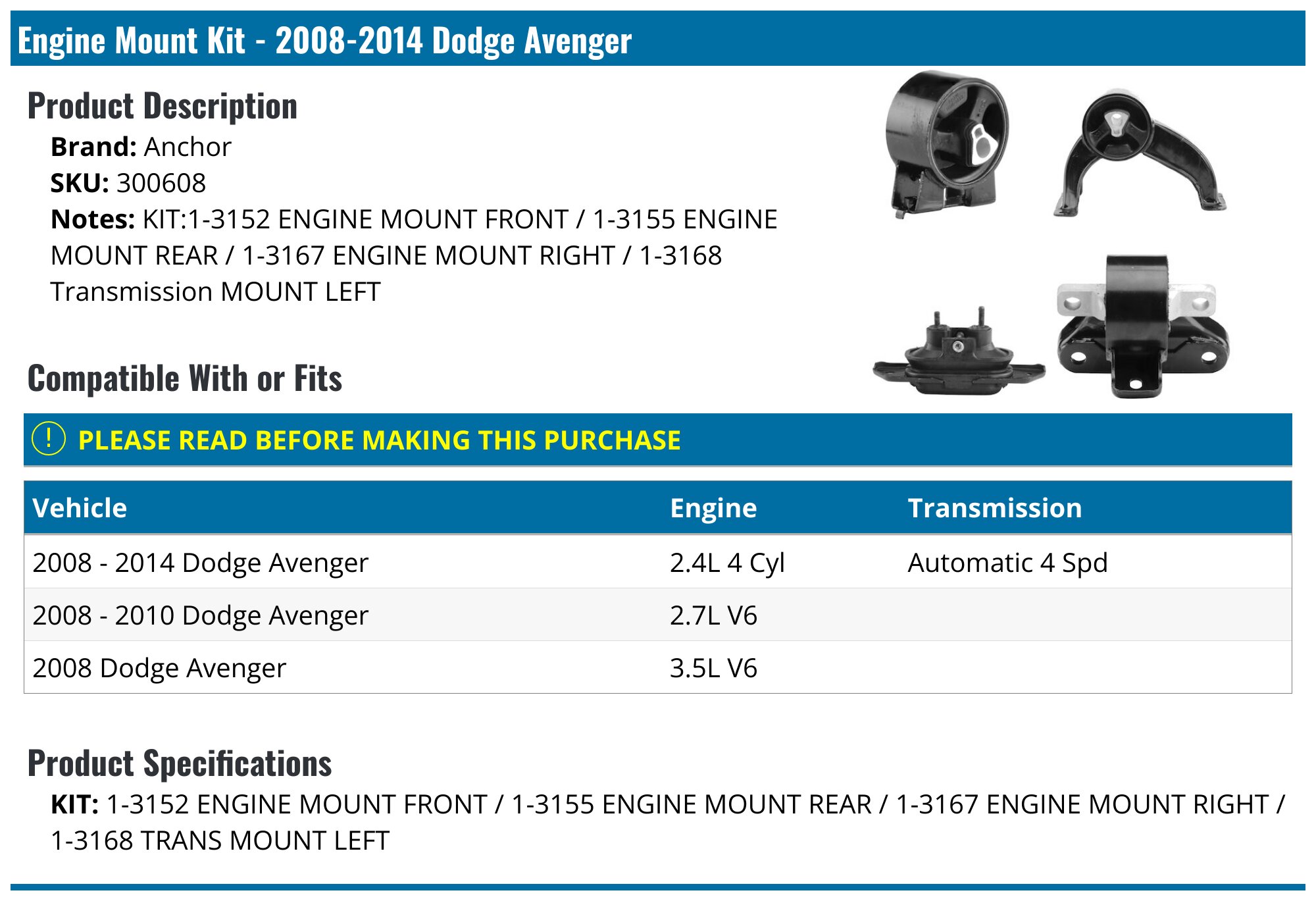 Turitrade Engine Mount Kit For 2010-2014 Dodge Avenger 2.4L - 5 Piece Set