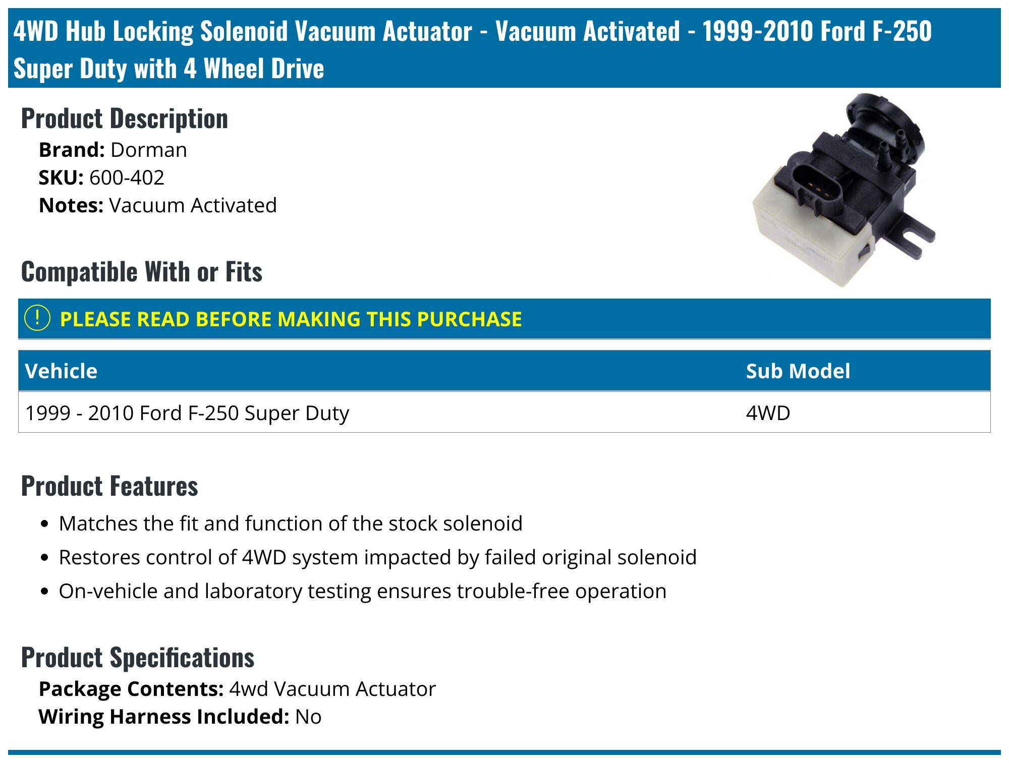 Amrxuts 4WD Hub Locking Solenoid 600-402 - Replacement For 2000-2005 Ford Excursion & 1999-2010 F-250/F-350/F-450/F-550 Super Duty, Replaces 7C3Z9H465A