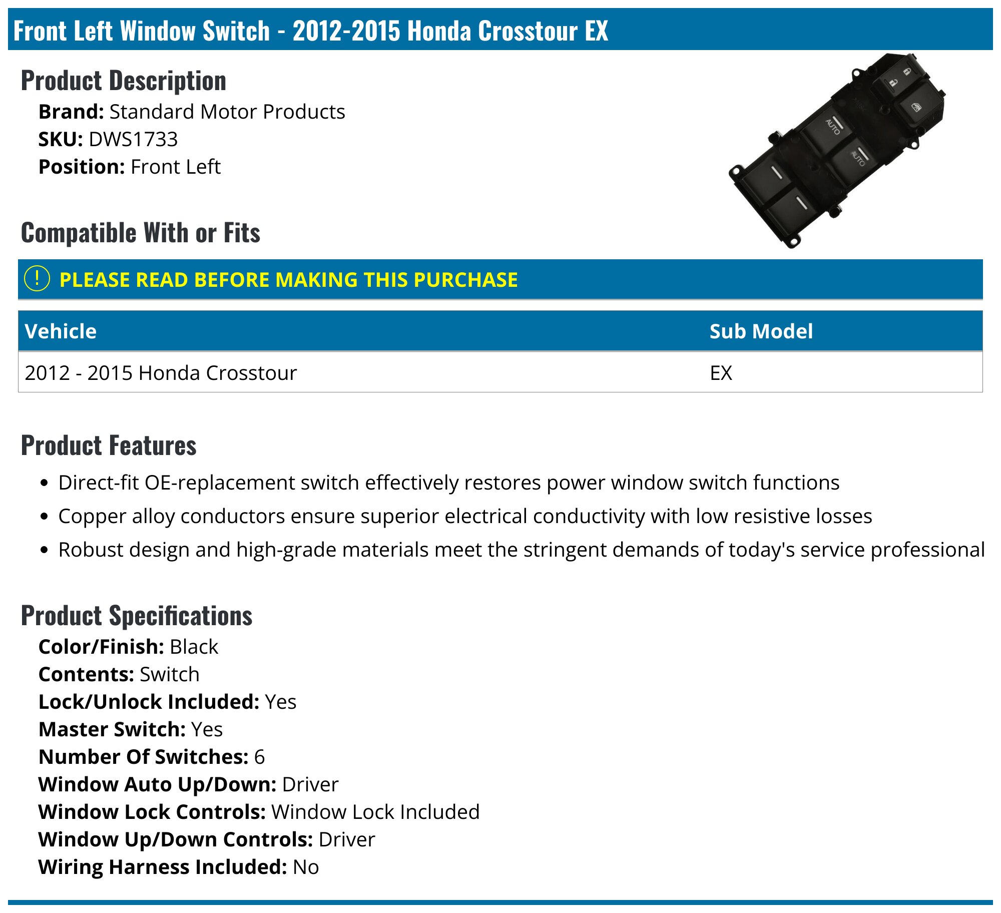 A-Premium Master Power Window Switch Compatible with Honda Crosstour