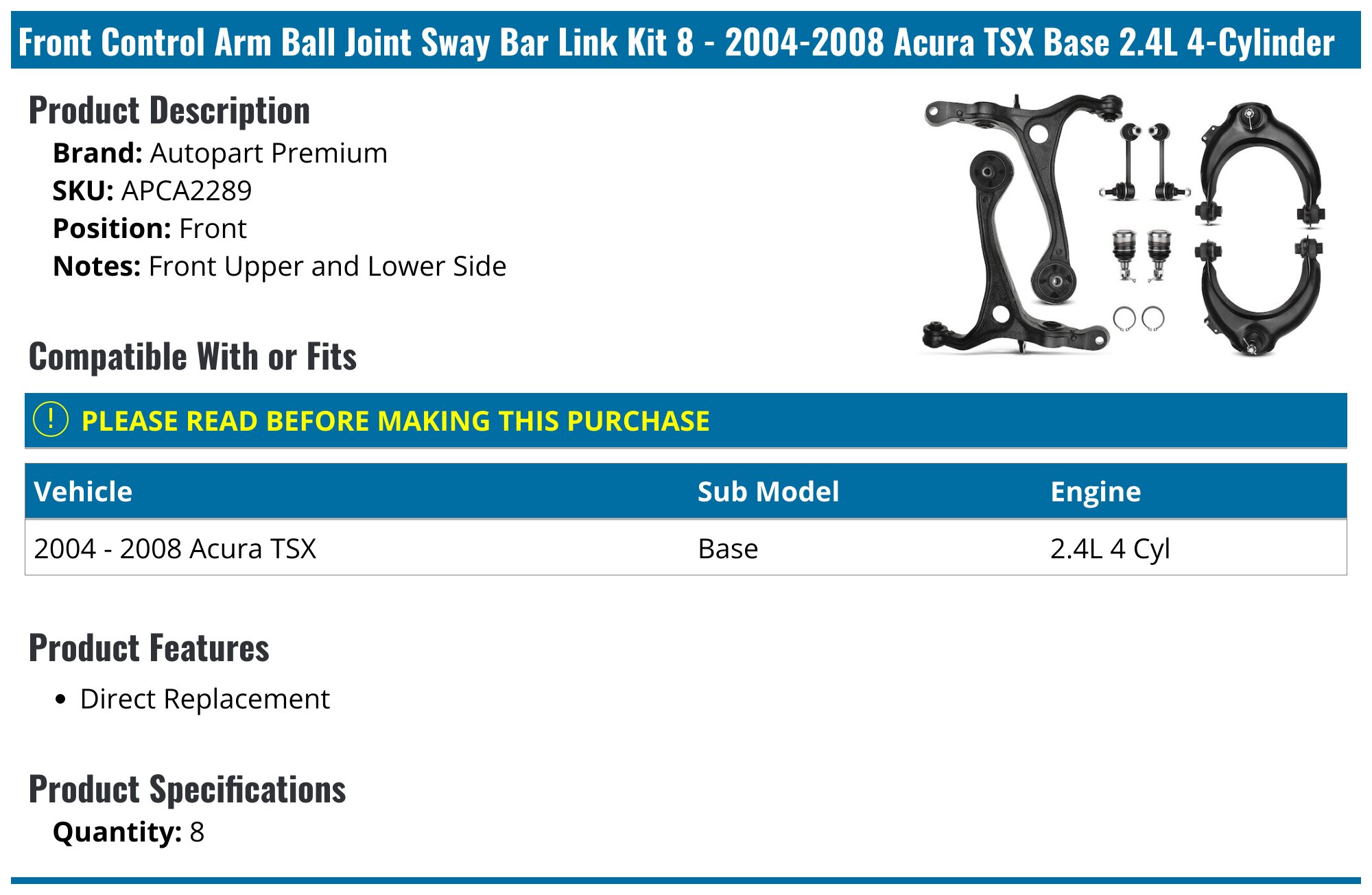 6-Piece Front End Kit: Upper Control Arms, Sway Bar Links, Tie Rods For 2004-2007 Acura TSX / Honda Accord 2.4L