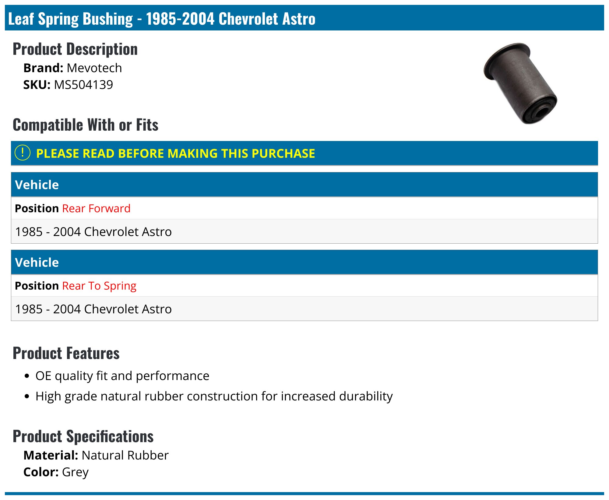 1985-2004 Chevrolet Astro Leaf Spring Bushing - Mevotech MS504139 ...