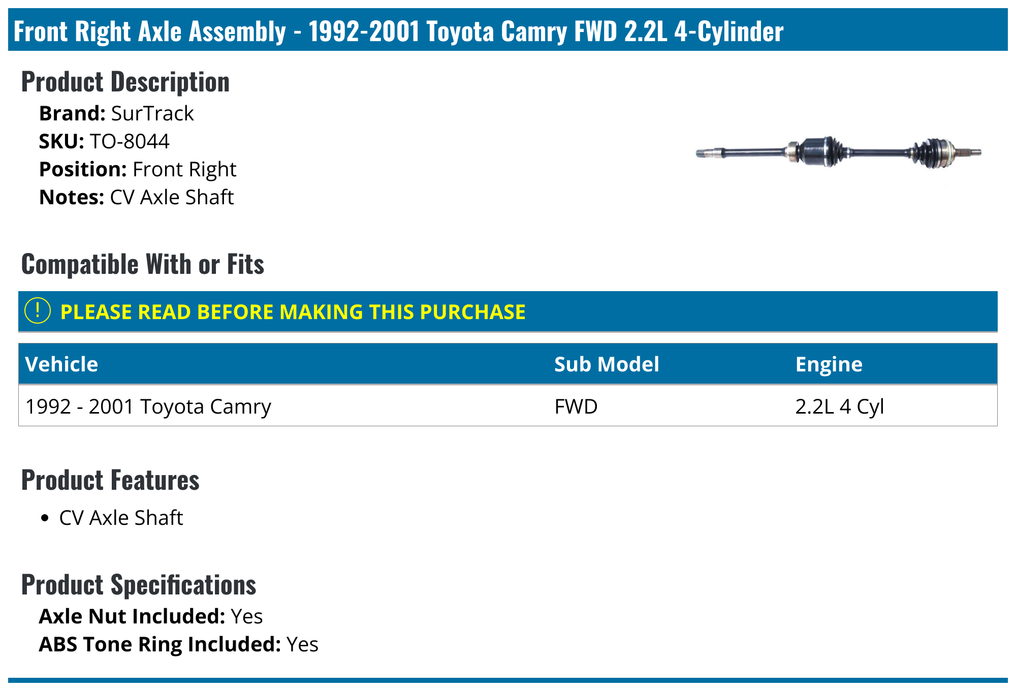 1992-2001 Toyota Camry Axle Assembly - SurTrack TO-8044 - Front