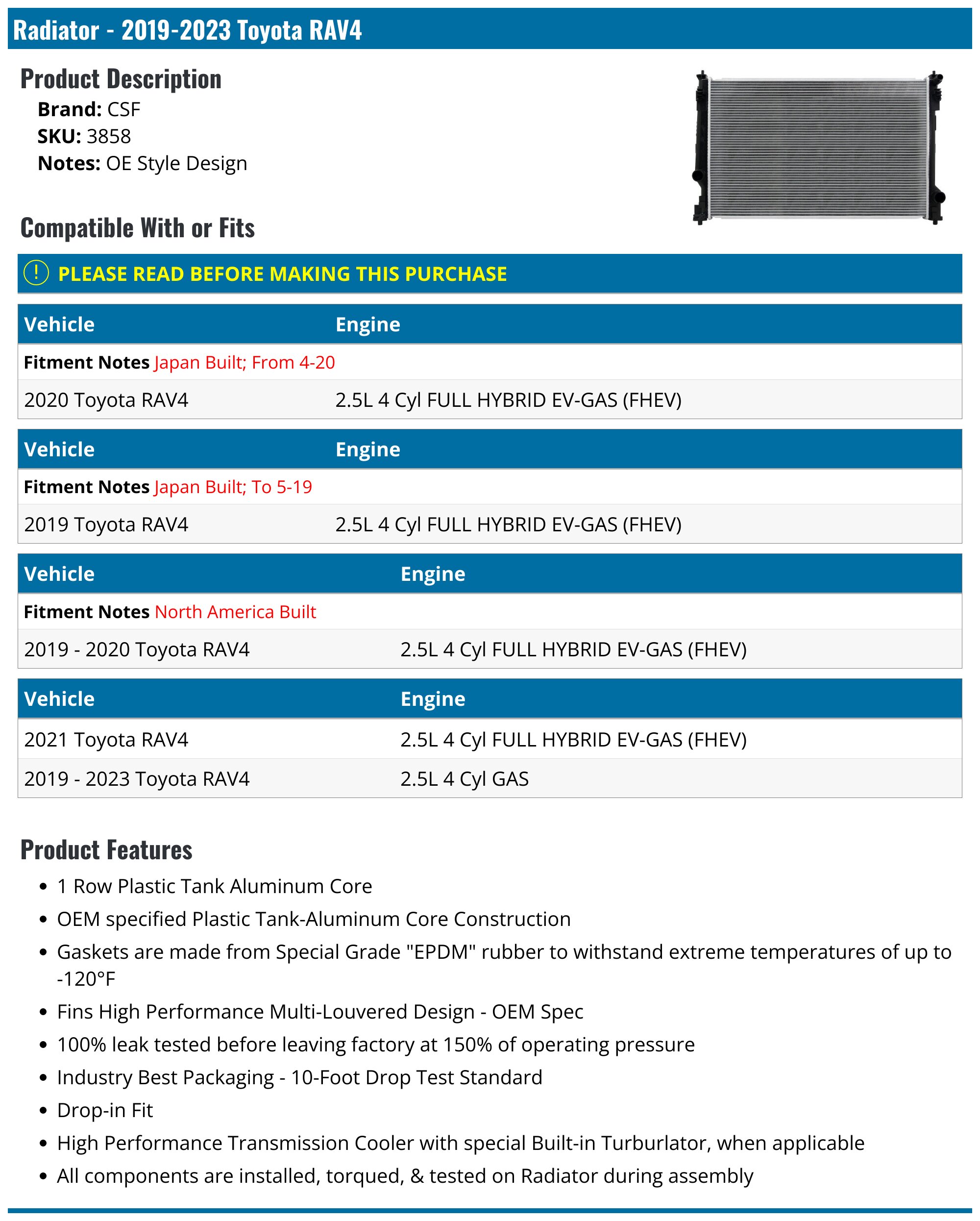 2019-2025 Toyota RAV4 Radiator - CSF 3858 - PartsGeek.com