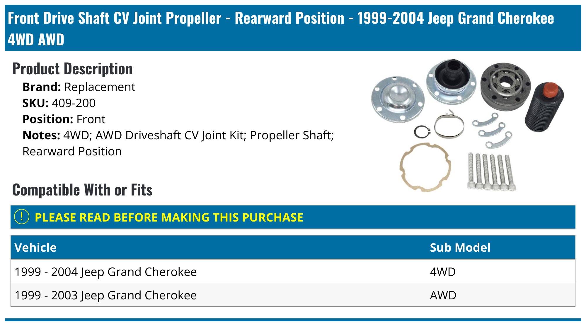 19992004 Jeep Grand Cherokee Drive Shaft CV Joint Replacement 409