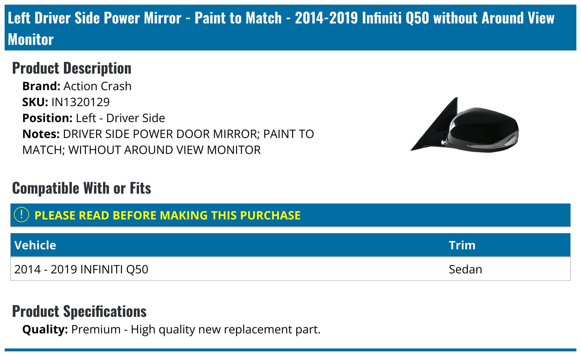 Mirrors Driver Left Side Heated Hand Sedan for Mazda 3 Sport 2014-2016