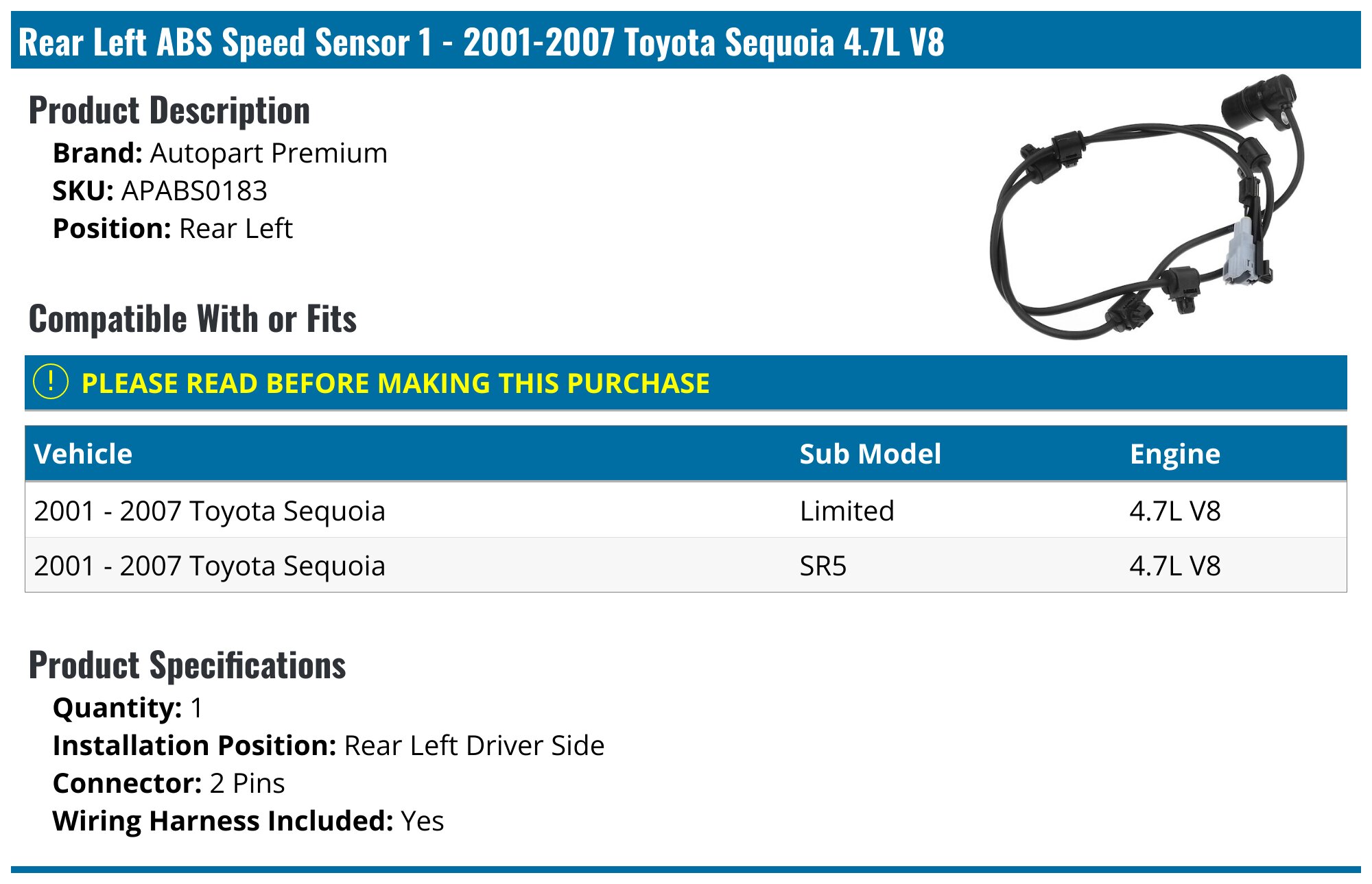 A-Premium ABS Wheel Speed Sensor - Compatible With Toyota Tundra 2000-2006 & Sequoia 2001-2007 Front Left Driver Side