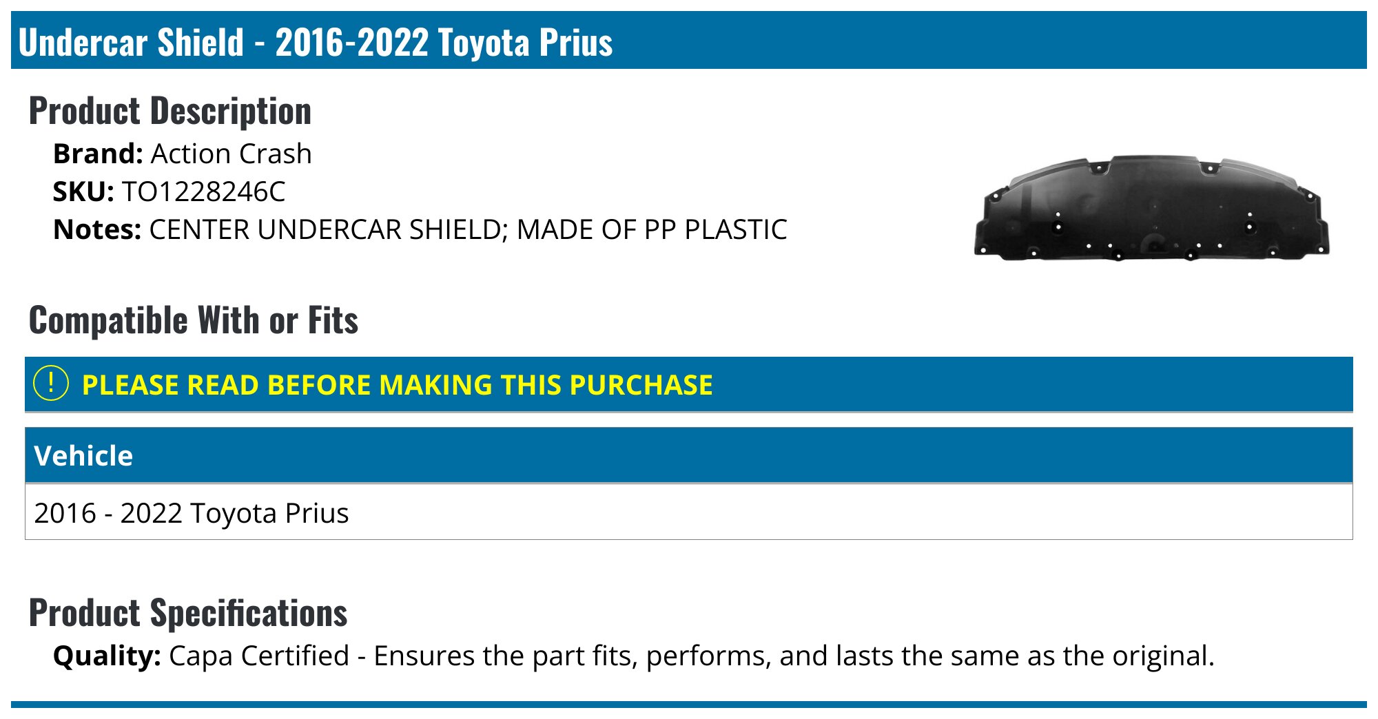 Front Engine Lower Cover – Plastic For 2012-2018 Toyota Prius V (Front Section) – Unbranded, Black