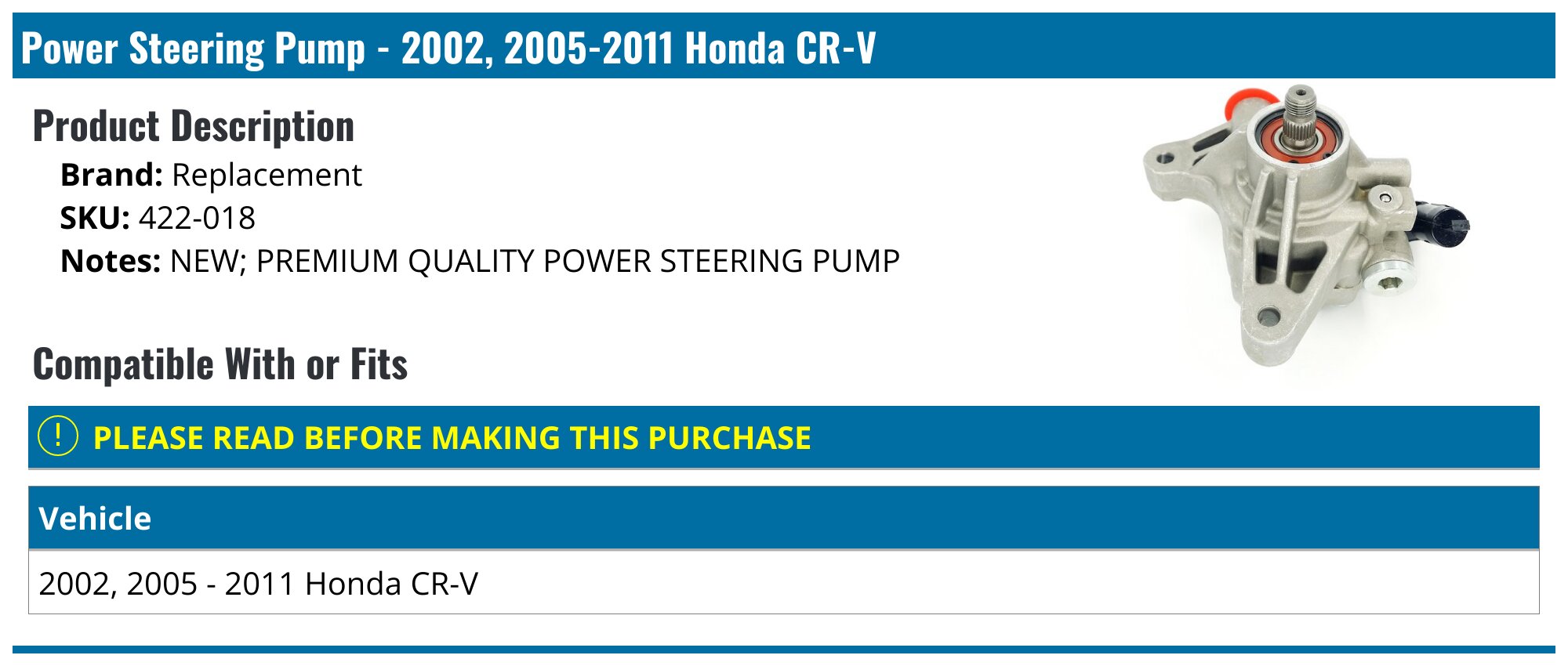 Power Steering Pump For 03-05 Honda CR-V & Element 2.4L (K24A1/K24A4) – 21-5348