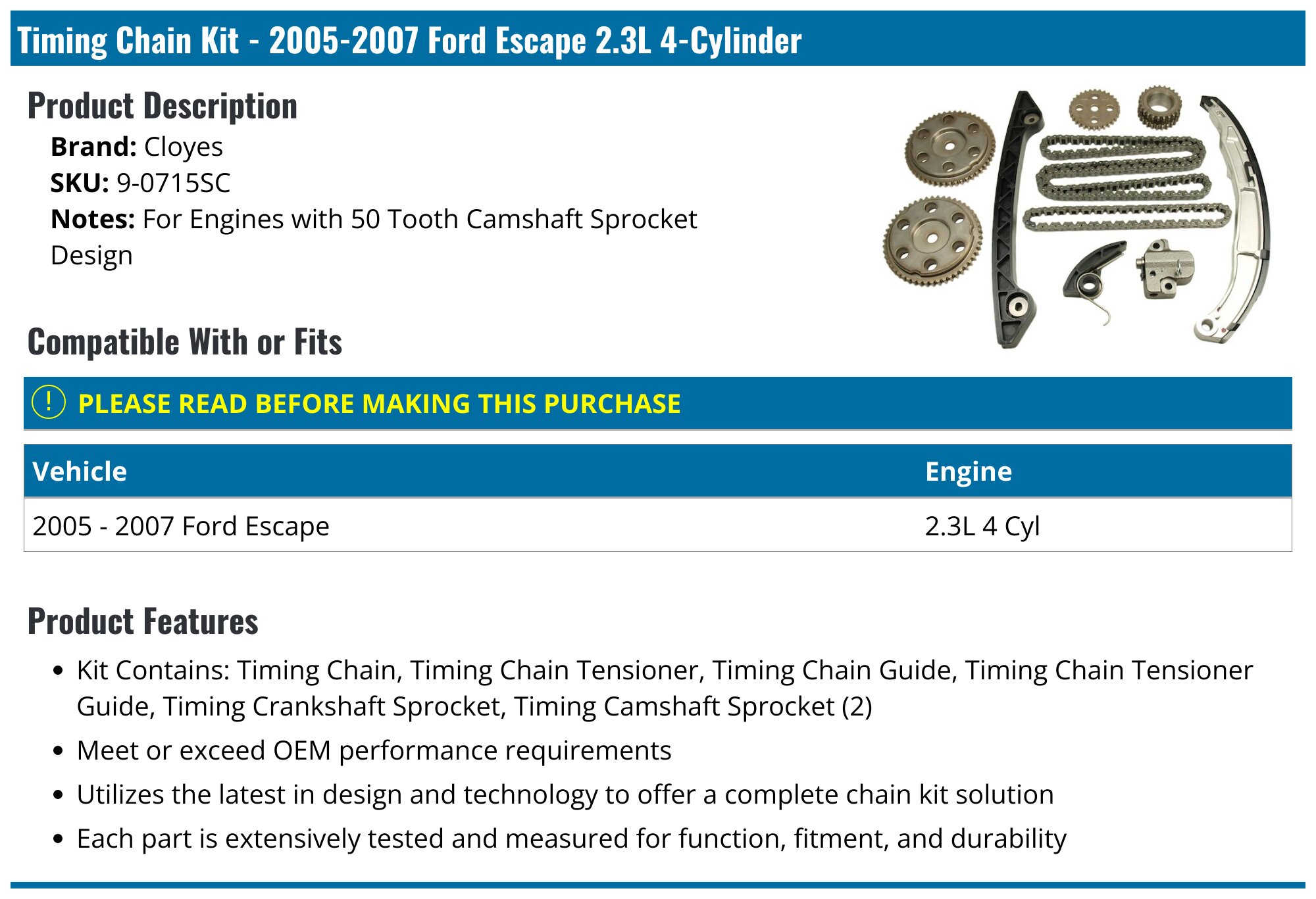 2005-2007 Ford Escape Timing Chain Cloyes 9-0715SC