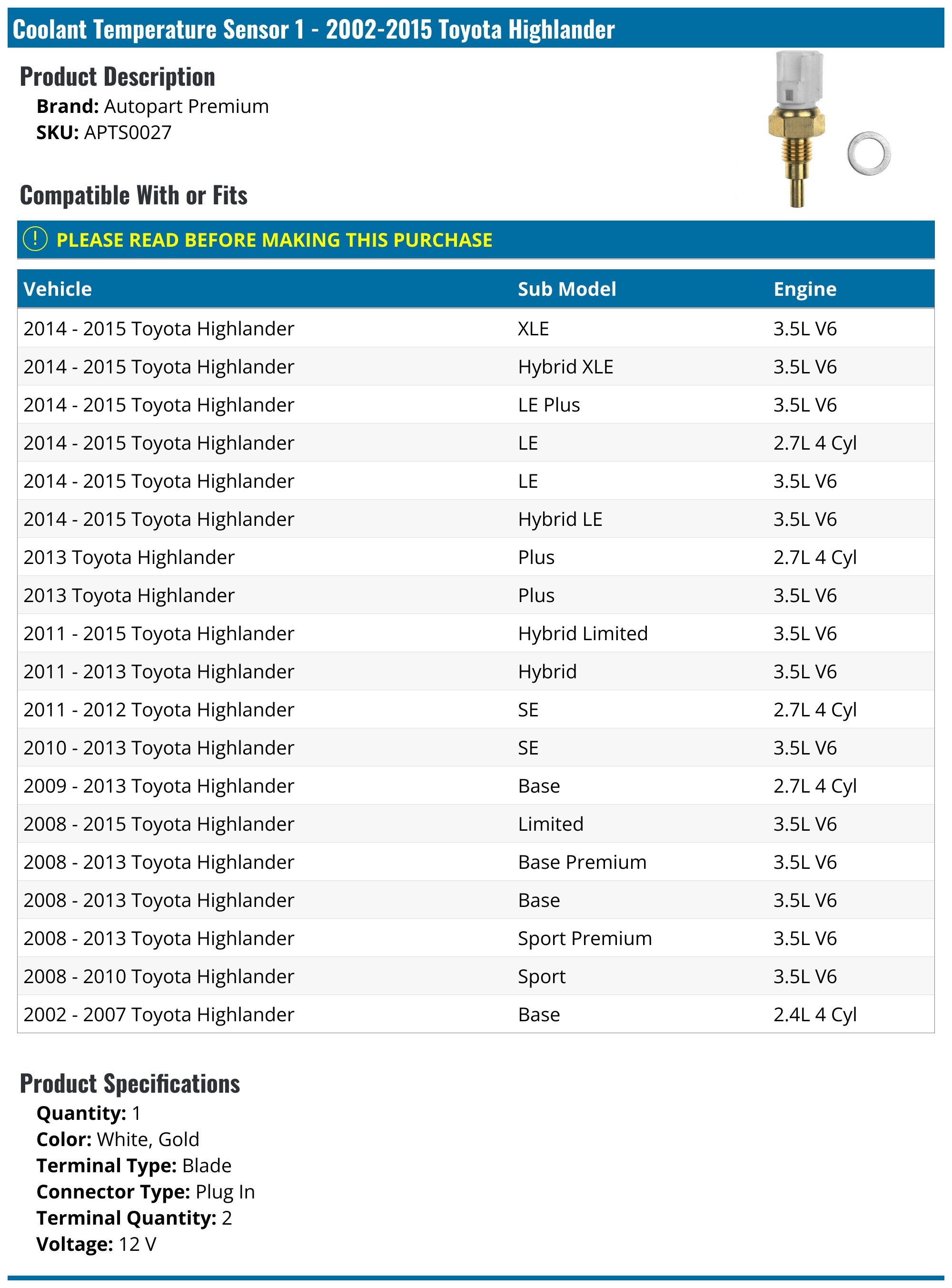 2002-2015 Toyota Highlander Engine Coolant Temperature Sensor ...