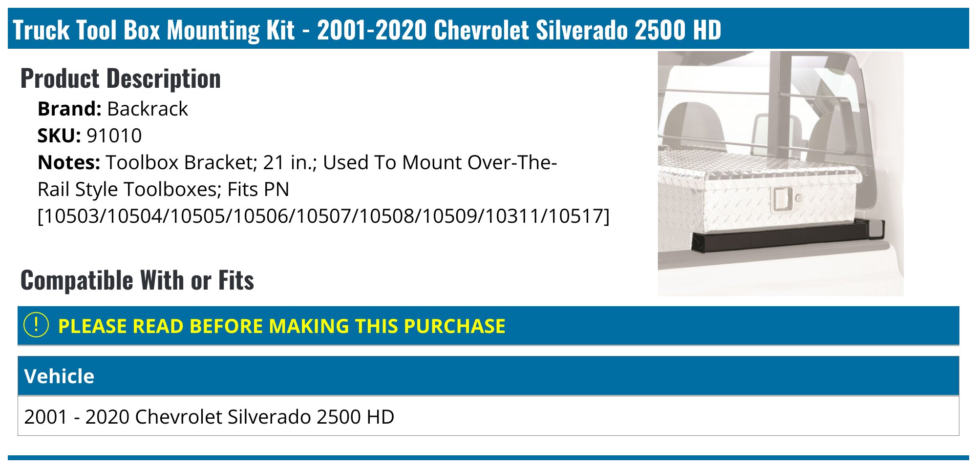 2001 2020 Chevrolet Silverado 2500 HD Truck Tool Box Mounting Kit 2001-2020-chevrolet-silverado-2500-hd-truck-tool-box-mounting-kit