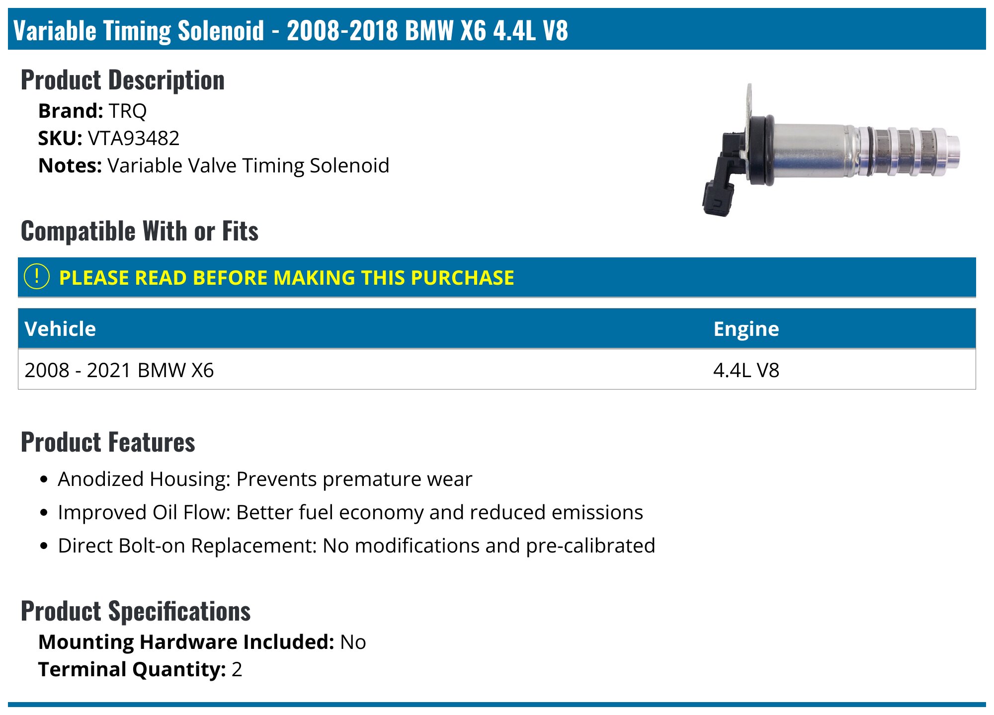 2008-2021 BMW X6 Variable Timing Solenoid - TRQ VTA93482 