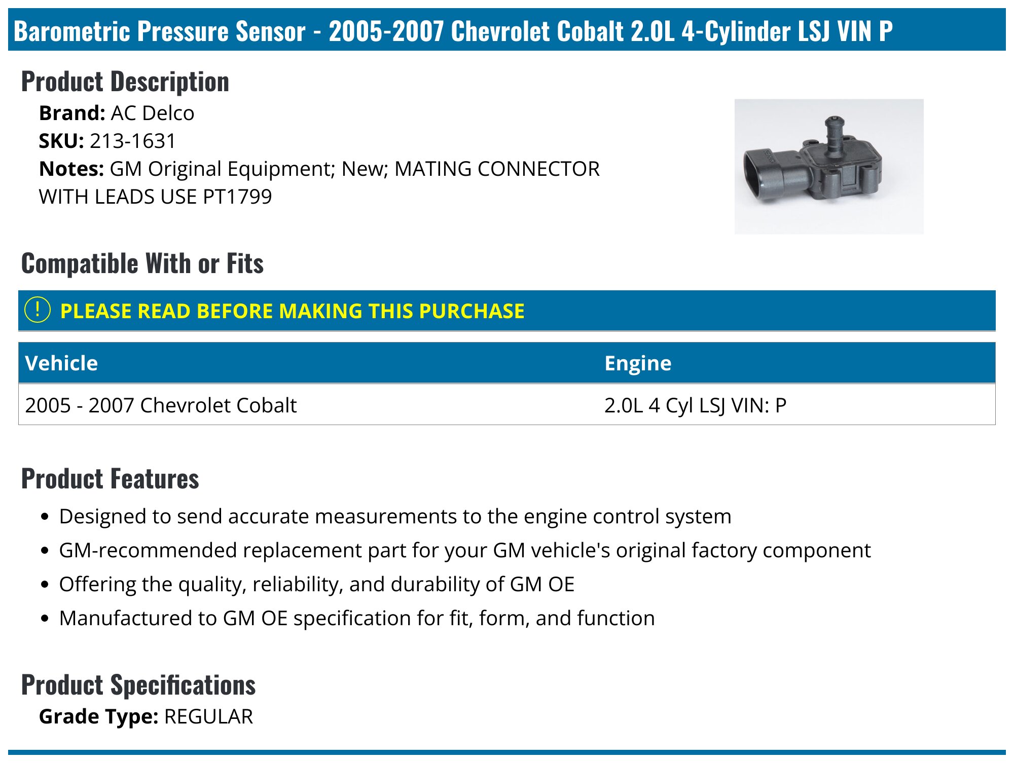 ACDelco Manifold Absolute Pressure MAP Sensor 213-1631 - EFI Connection, LLC