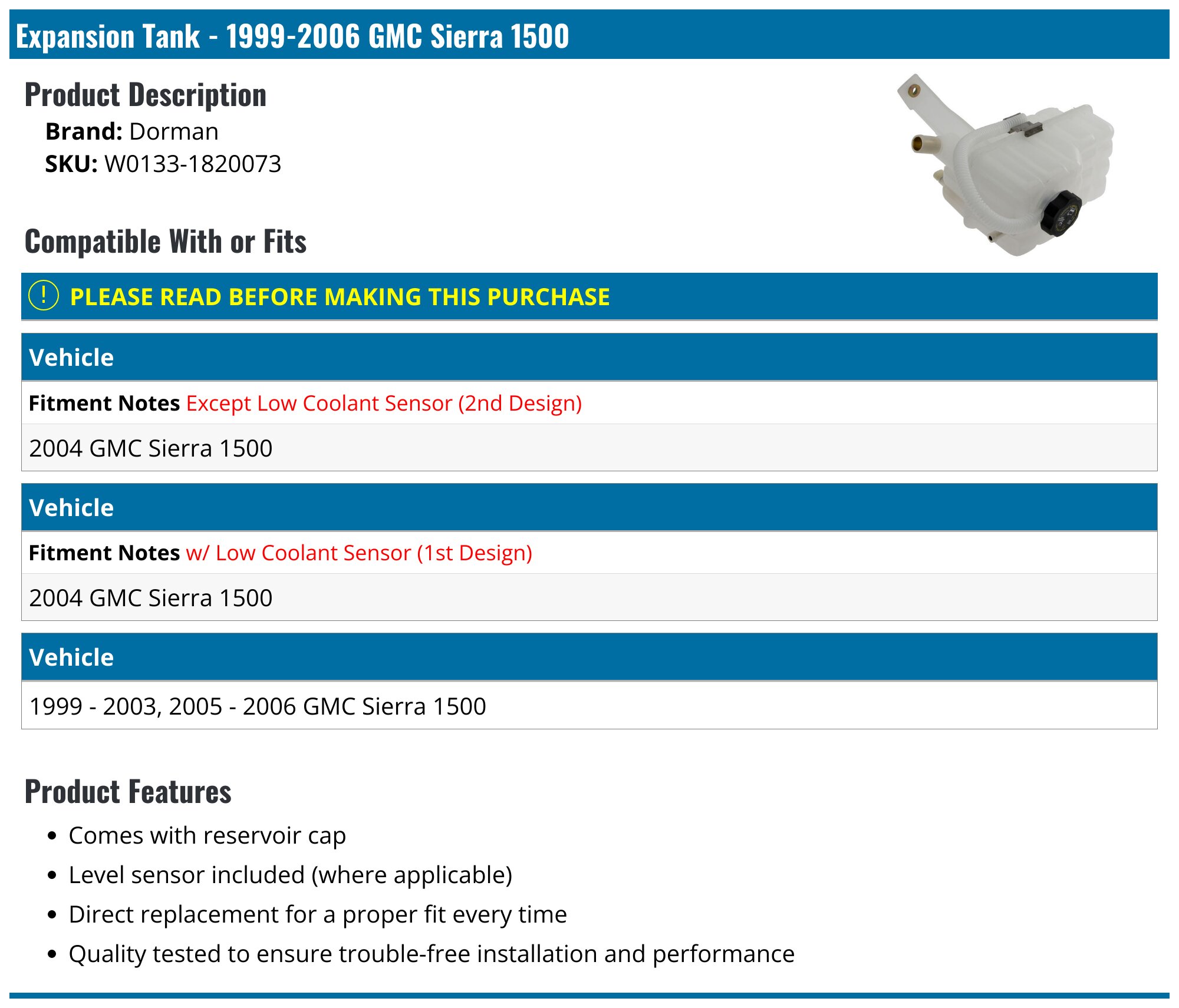 1999-2006 GMC Sierra 1500 Expansion Tank - Dorman W0133-1820073 ...