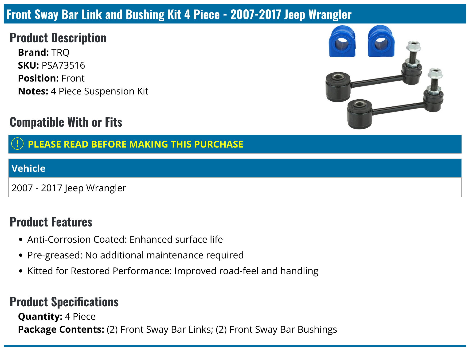 20072017 Jeep Wrangler Sway Bar Link TRQ PSA73516 Front