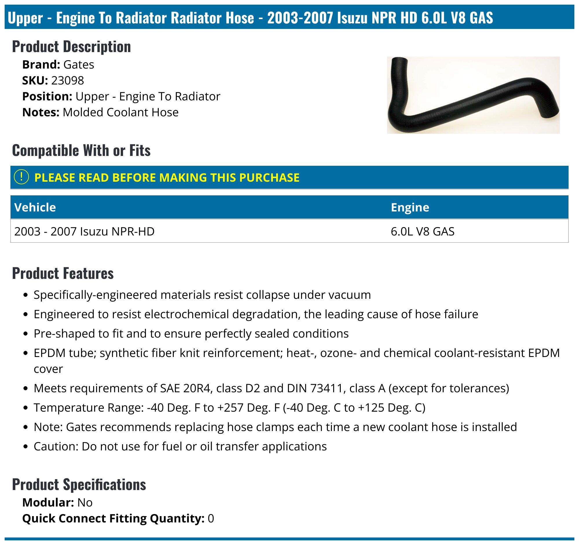 2003-2007 Isuzu NPR HD Radiator Hose - Gates 23098 - Upper