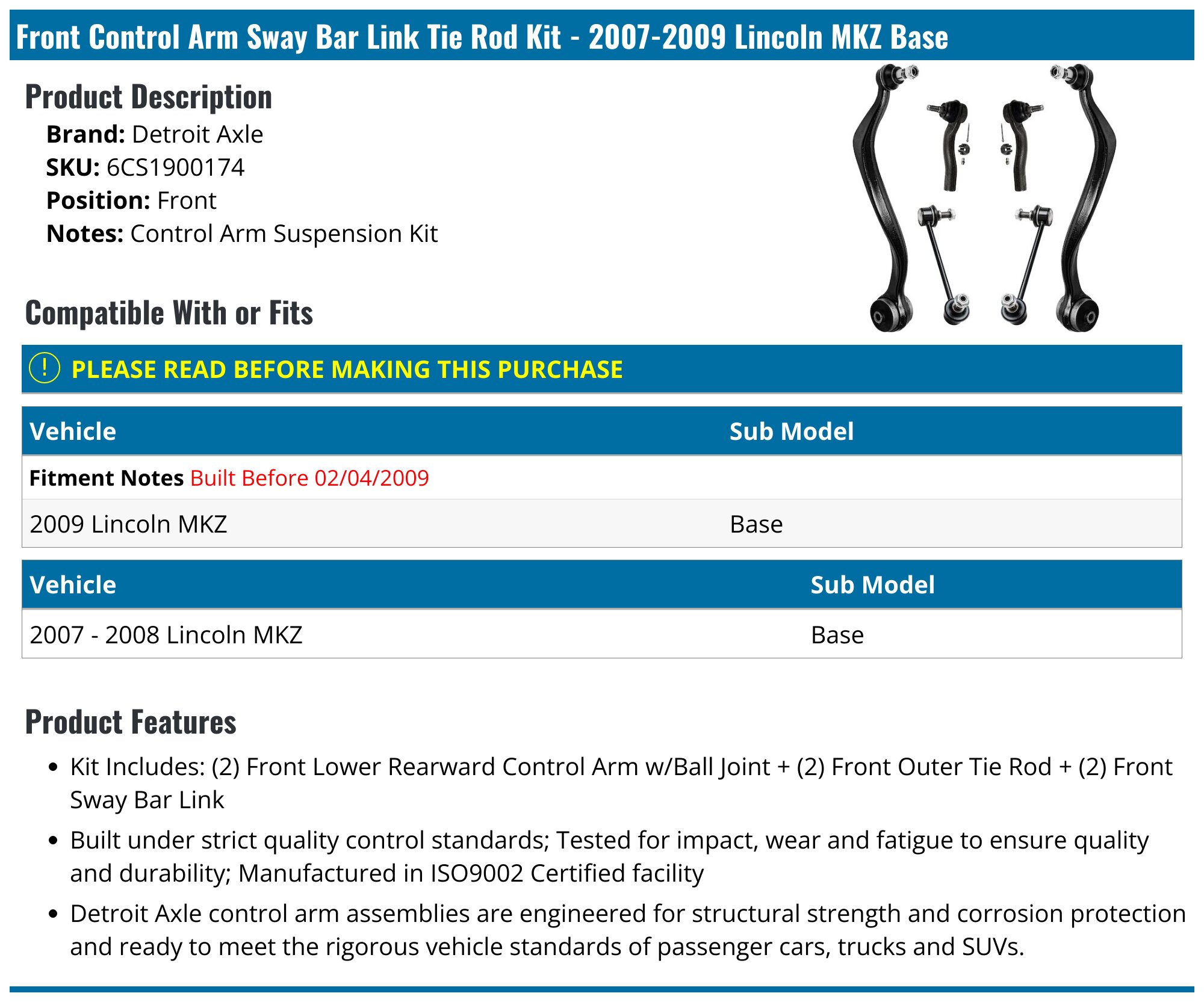 2007 Lincoln MKZ Control Arm - DIY Solutions SUS01294 - Front Lower