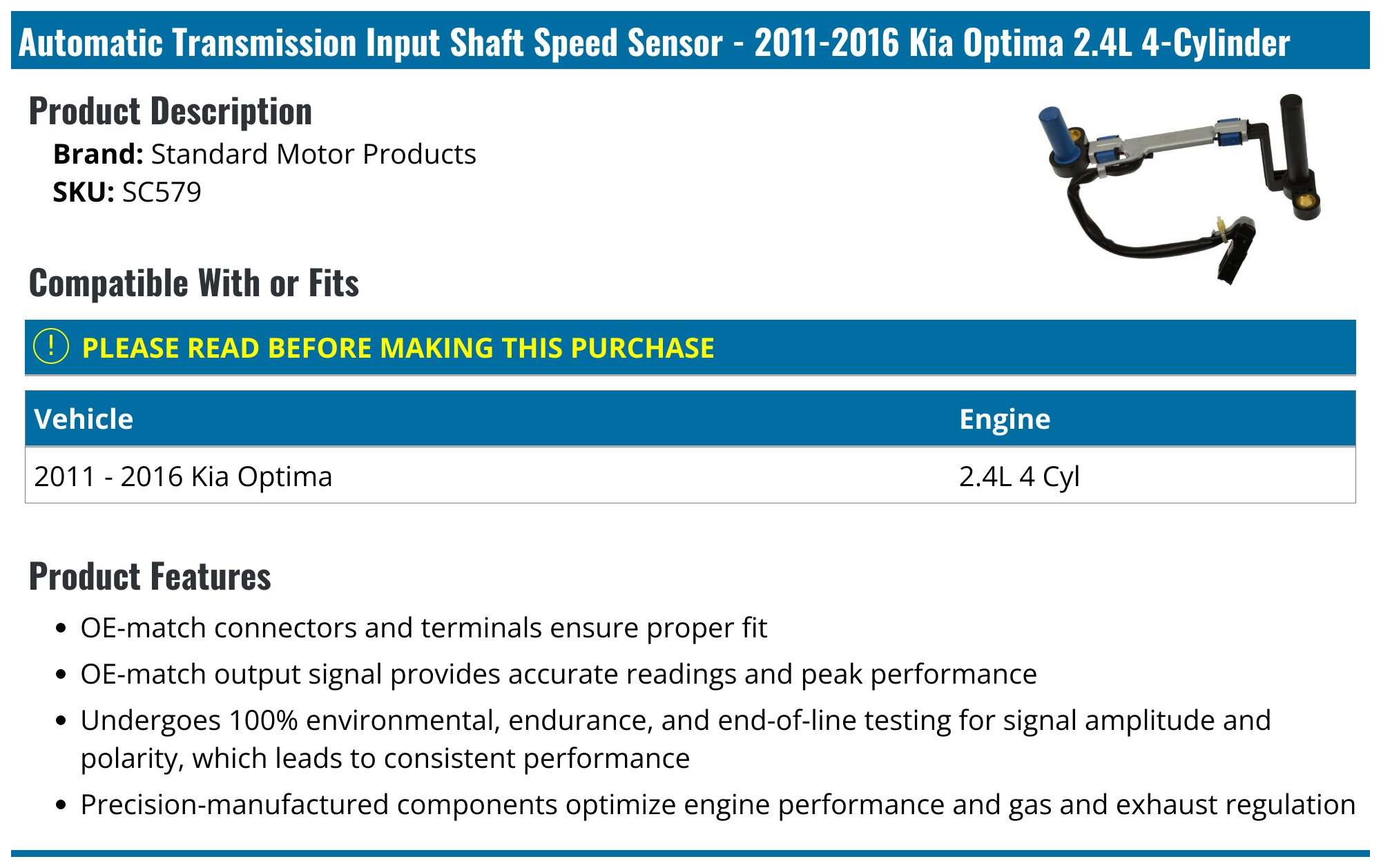Automatic Transmission Speed Sensor – Fits Kia Forte (2010-12), Koup, Optima (2011-16)