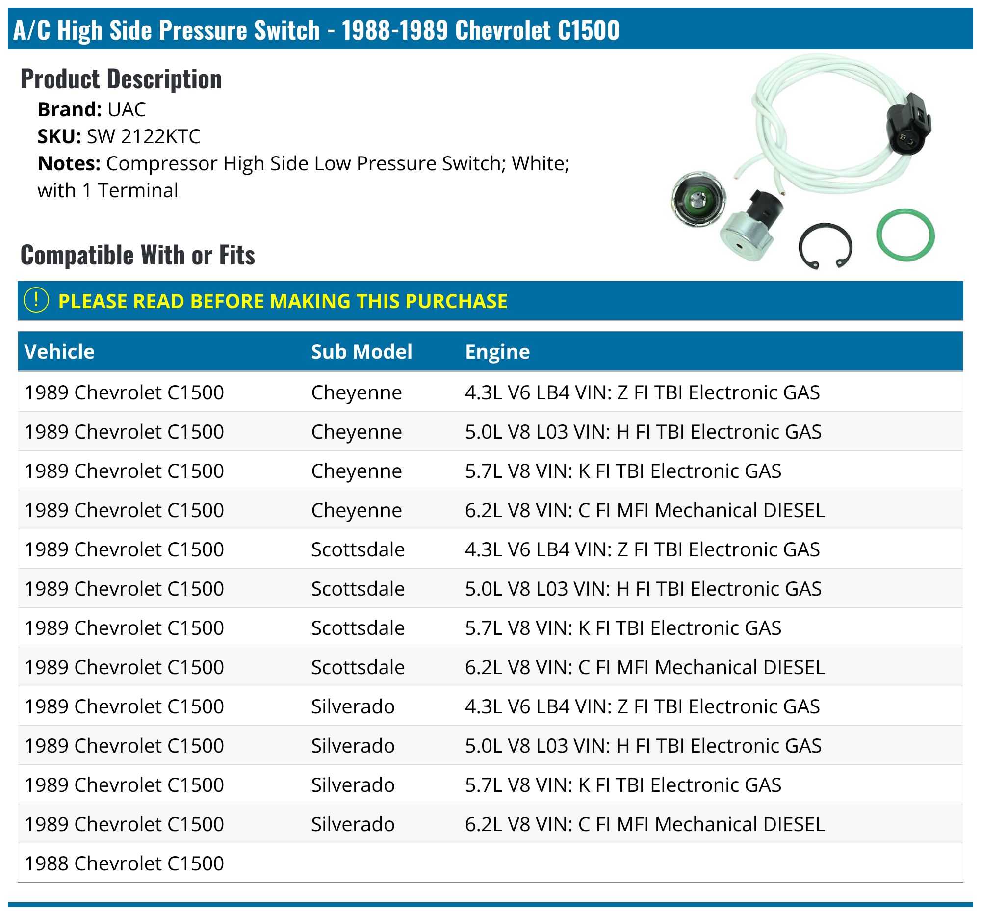 19881989 Chevrolet C1500 A/C High Side Pressure Switch UAC SW