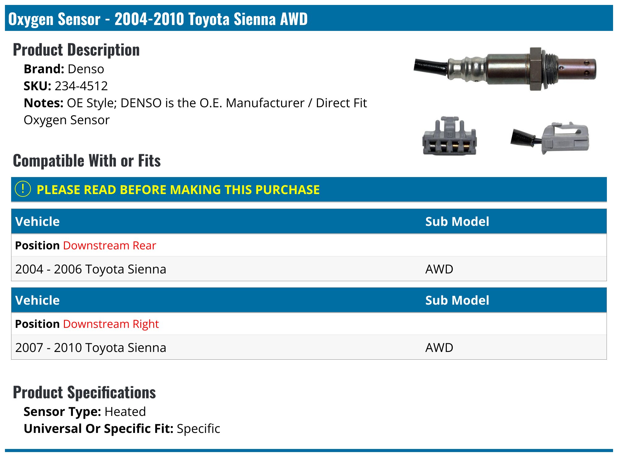 Sonda Lambda Ossigeno Per Toyota Sienna Highlander Lexus RX330 2004-2007 - Ricambio OEM 234-9042, 89467-48050 - 3