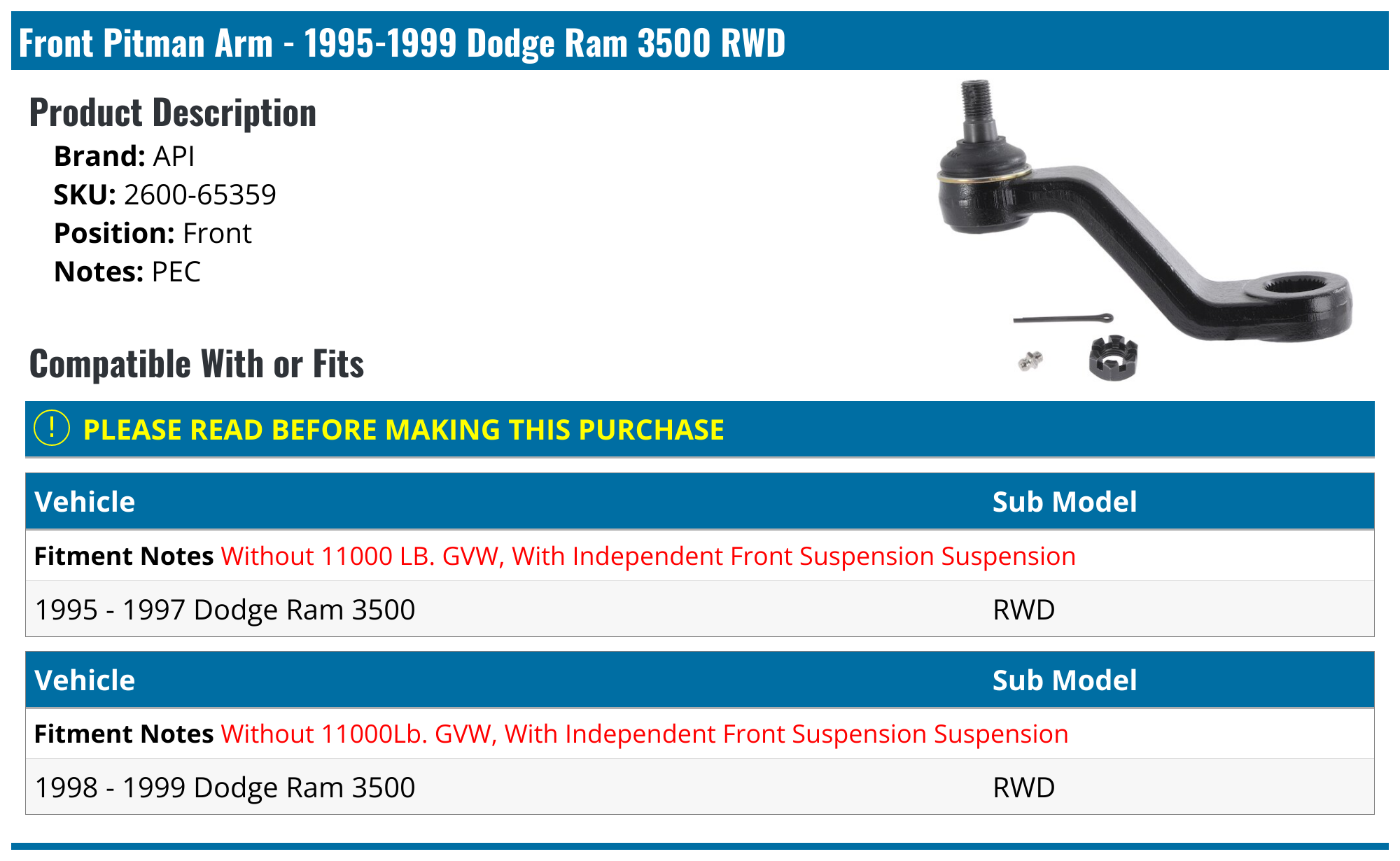 19951999 Dodge Ram 3500 Pitman Arm API 199502919209 Front