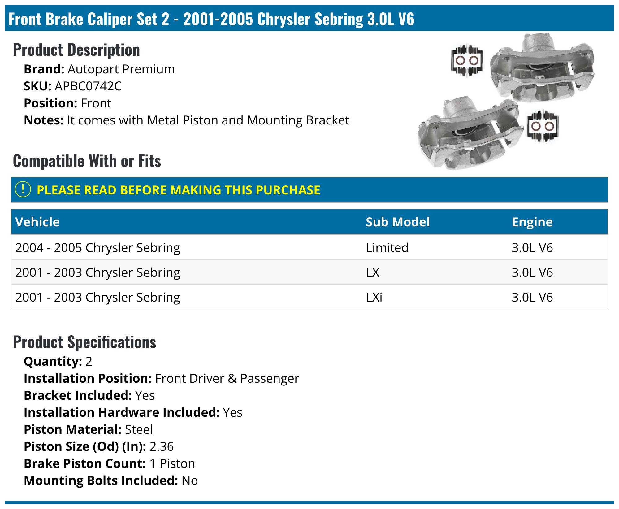 A-Premium Disc Brake Caliper Assembly With Bracket Compatible With Chrysler Sebring Cirrus Dodge Stratus 2001-2006 Front And Rear Side 4-PC Set