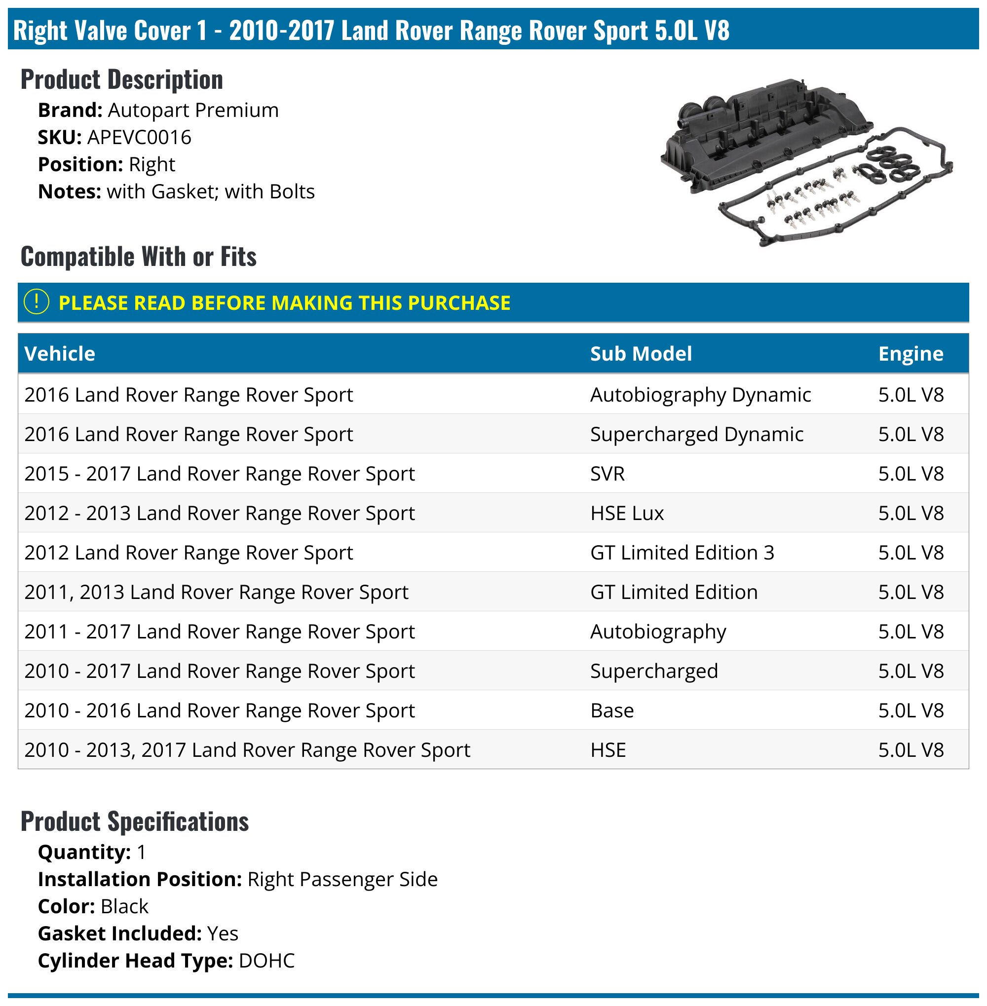 20102017 Land Rover Range Rover Sport Valve Cover Autopart Premium