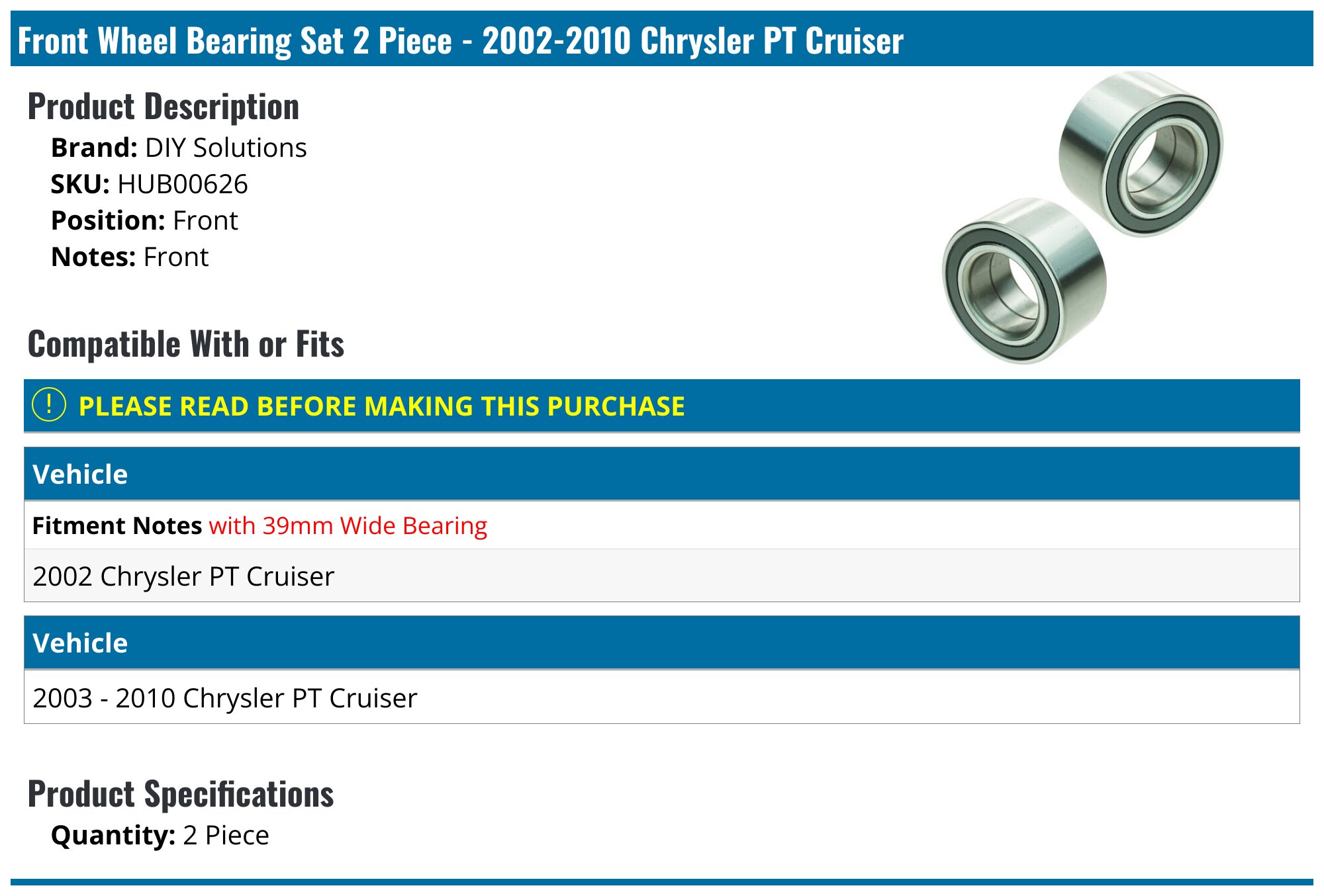 20022010 Chrysler PT Cruiser Wheel Bearing DIY Solutions HUB00626