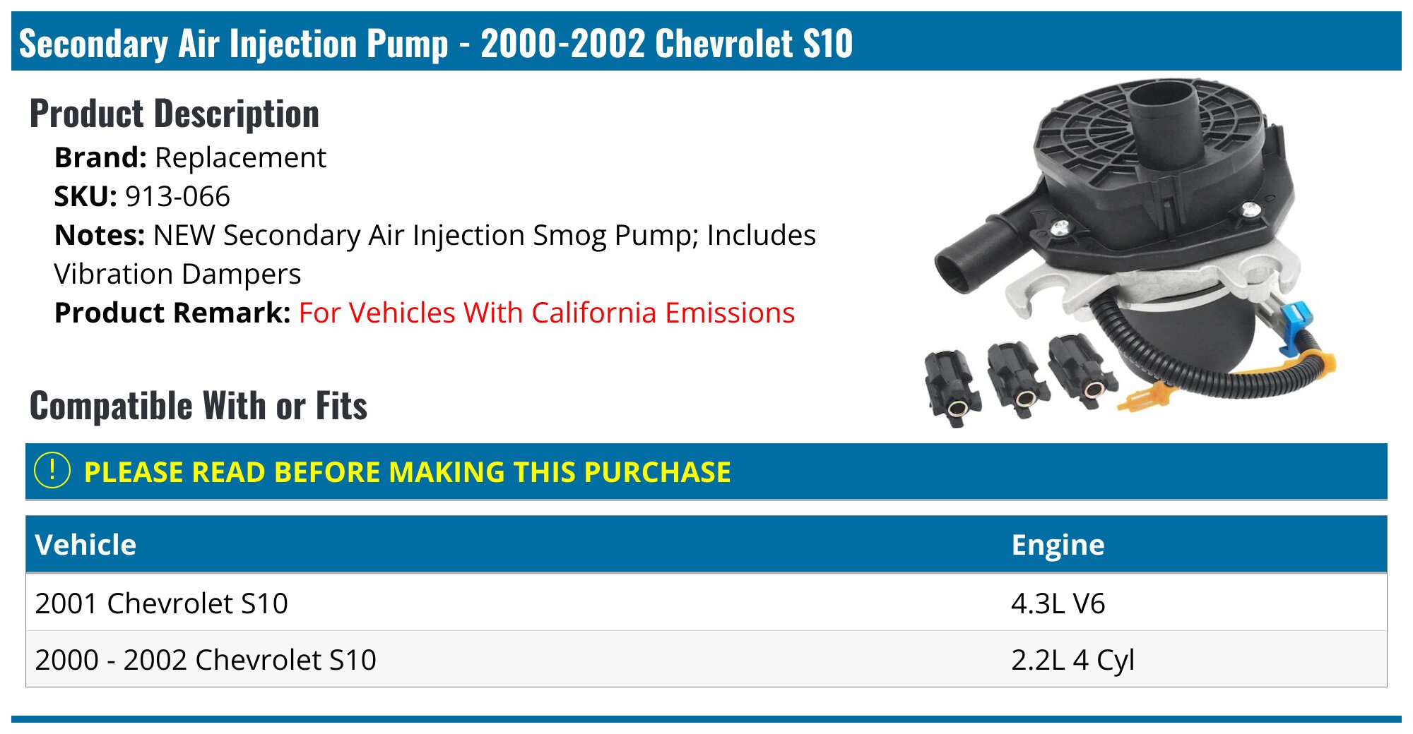 Motorosa Secondary Air Injection Pump For GM Trucks & Cars 2000-2009 (Replaces 12559725)