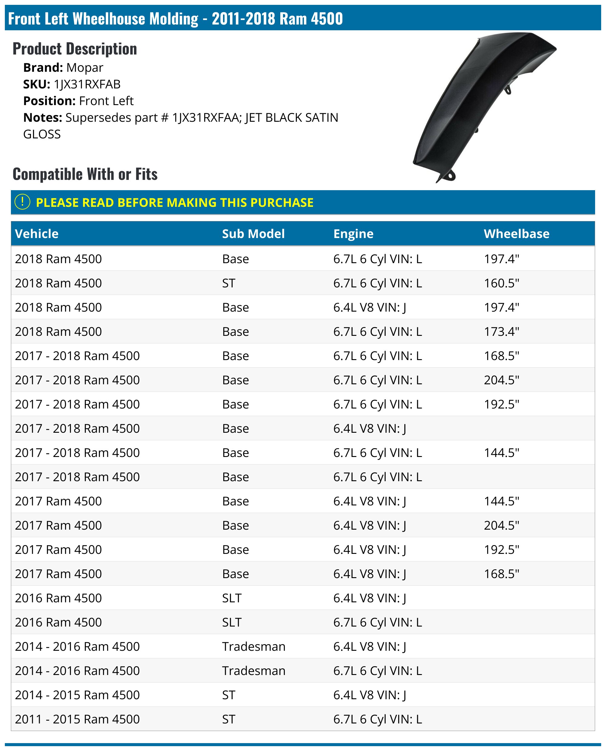 2011-2018 Ram 4500 Wheelhouse Molding - Mopar 1JX31RXFAB - Front Left ...