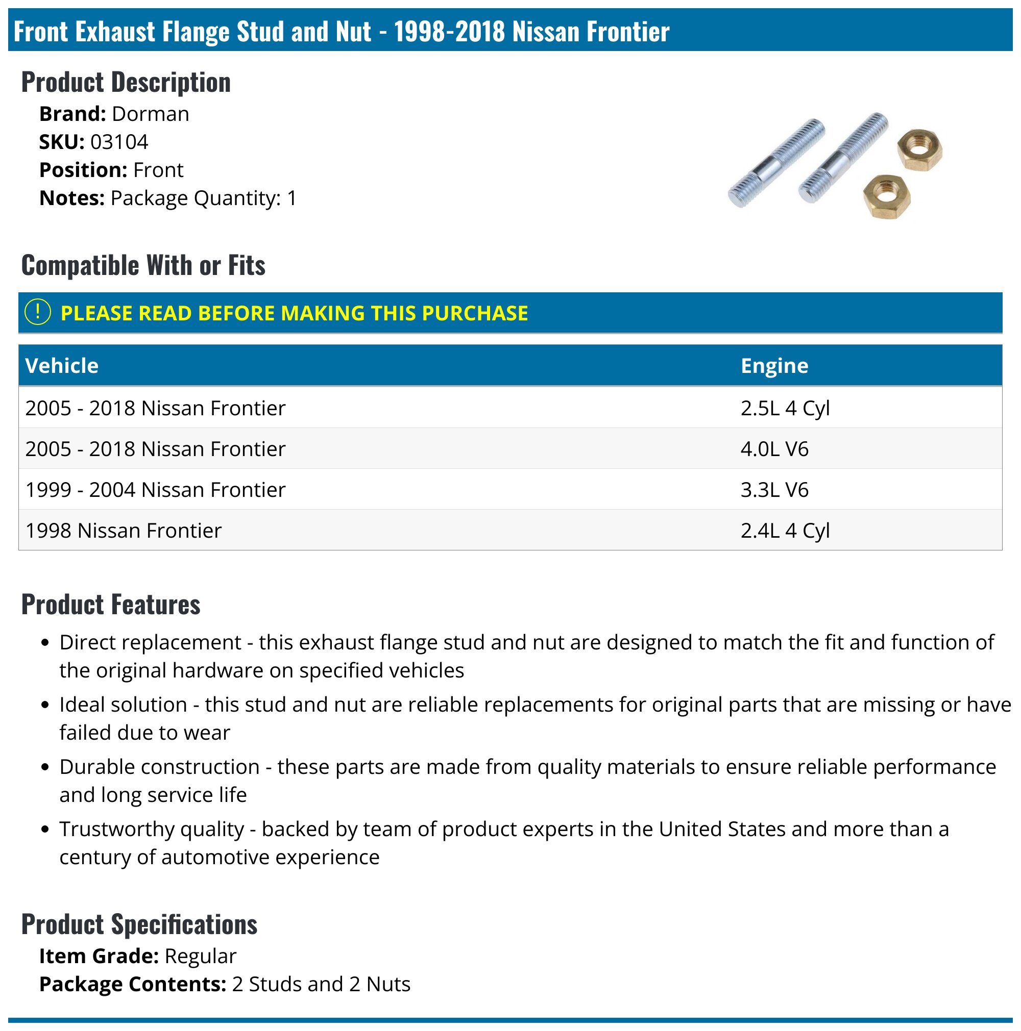 AP 38687 Exhaust Pipe Fits select: 1999-2002 NISSAN FRONTIER AP 38687 Exhaust Pipe Fits select: 1999-2002 NISSAN FRONTIER