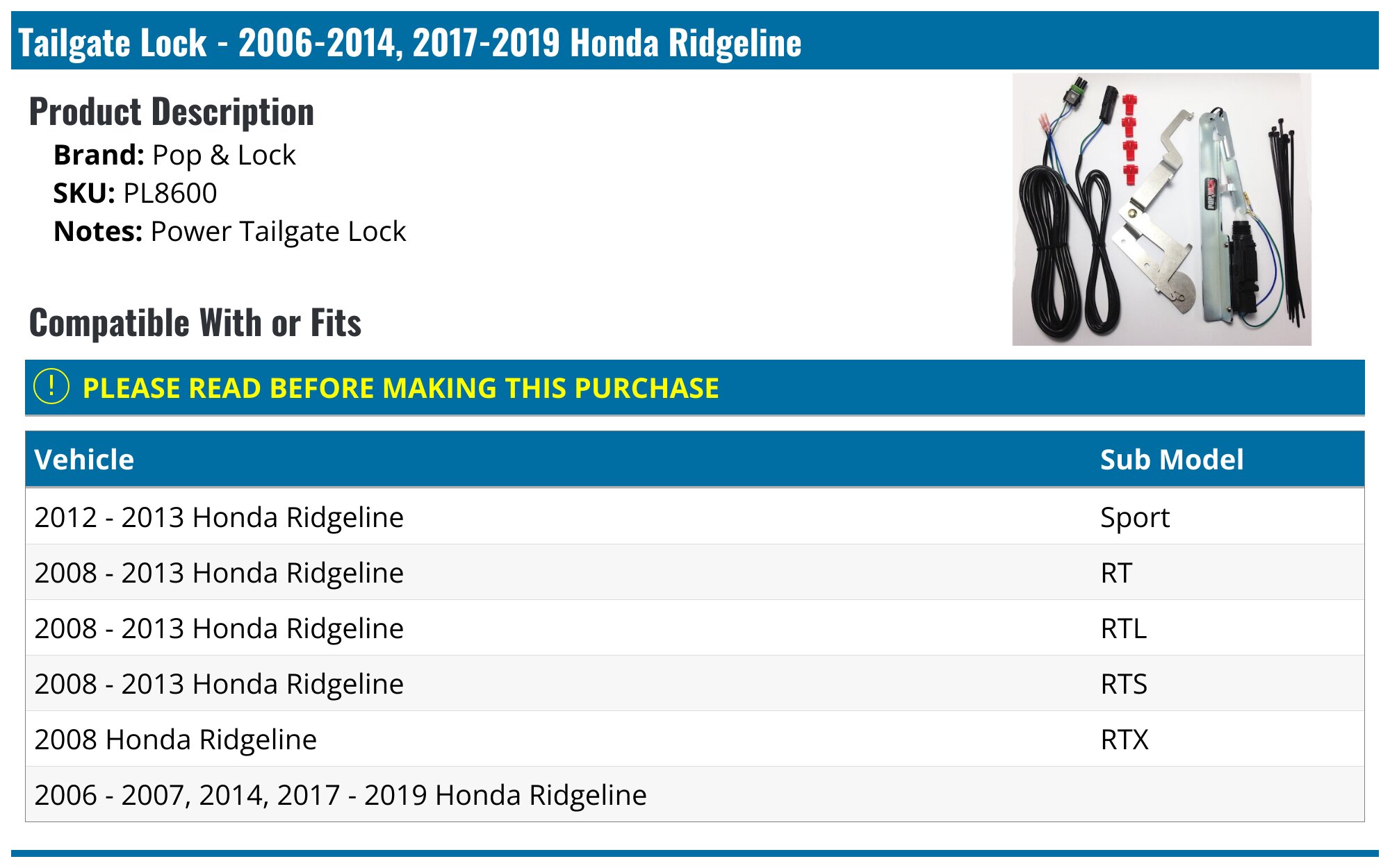 20062014, 20172019 Honda Ridgeline Tailgate Lock Pop & Lock PL8600