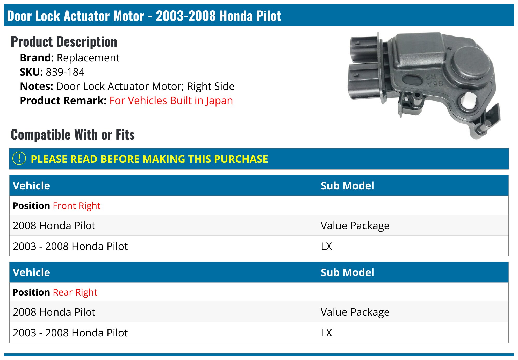 Moteur D'actuateur De Serrure Portière Avant Gauche - Pour Honda Element, Odyssey, Pilot