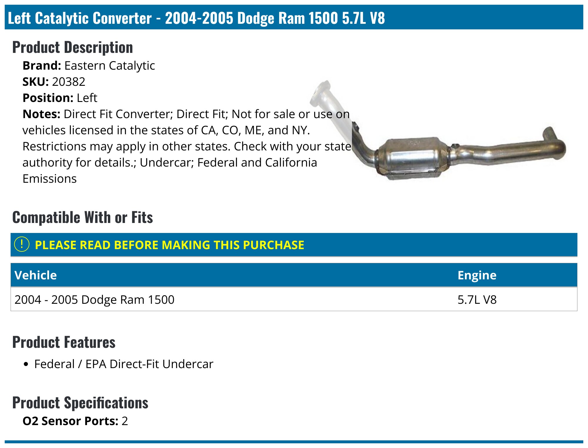 20042005 Dodge Ram 1500 Catalytic Converter Eastern Catalytic 20382