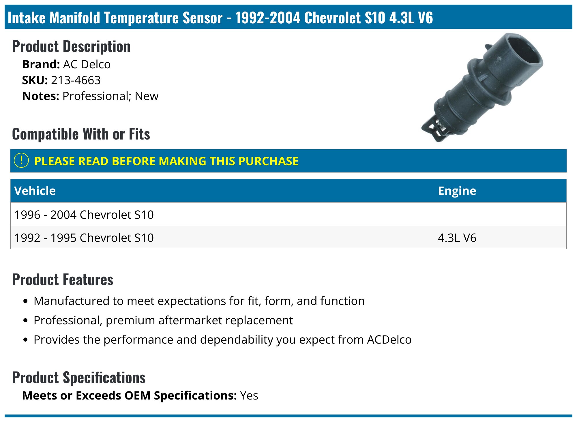 19922004 Chevrolet S10 Intake Manifold Temperature Sensor AC Delco