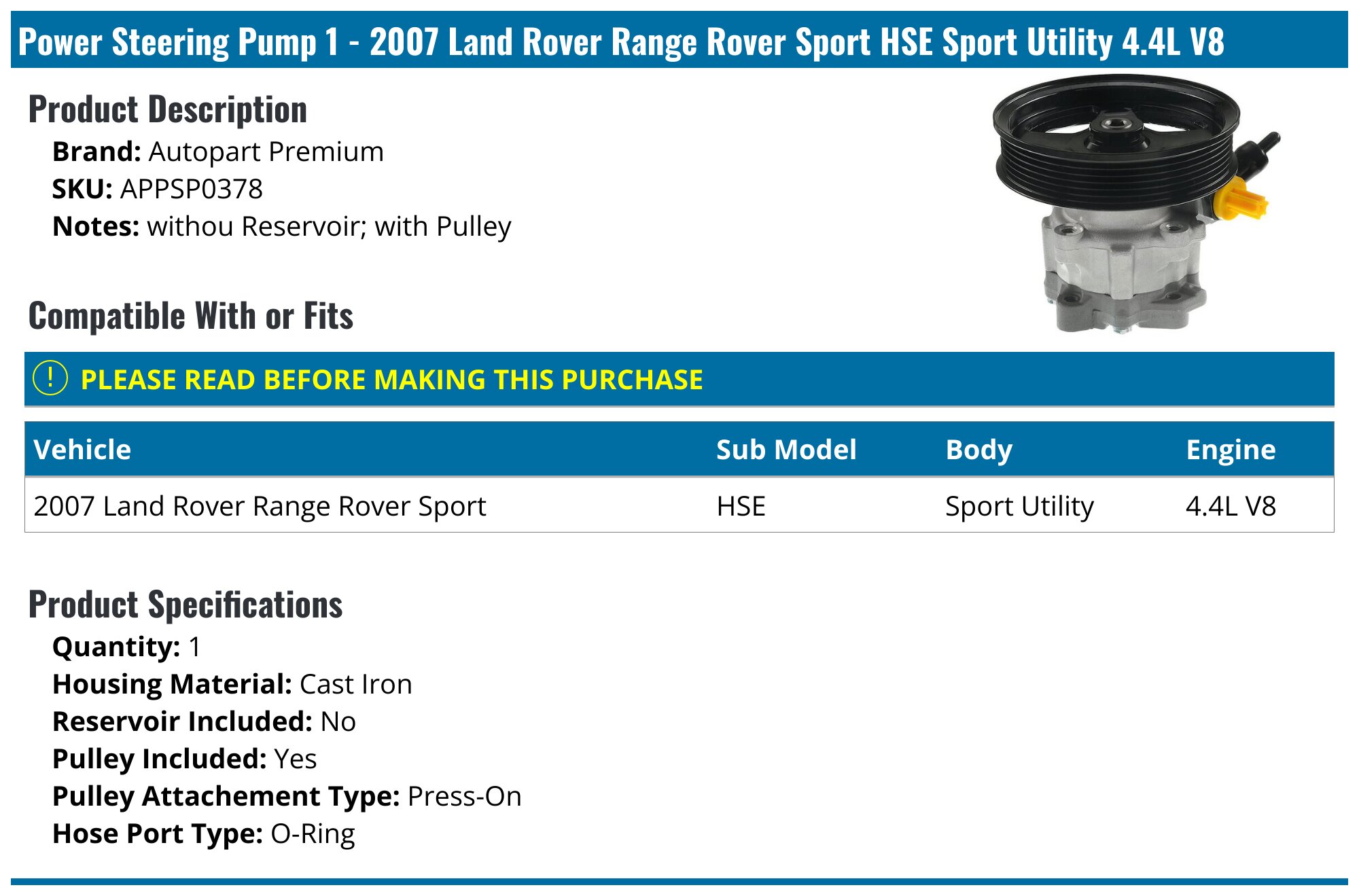 2007 Land Rover Range Rover Sport Power Steering Pump - Autopart ...