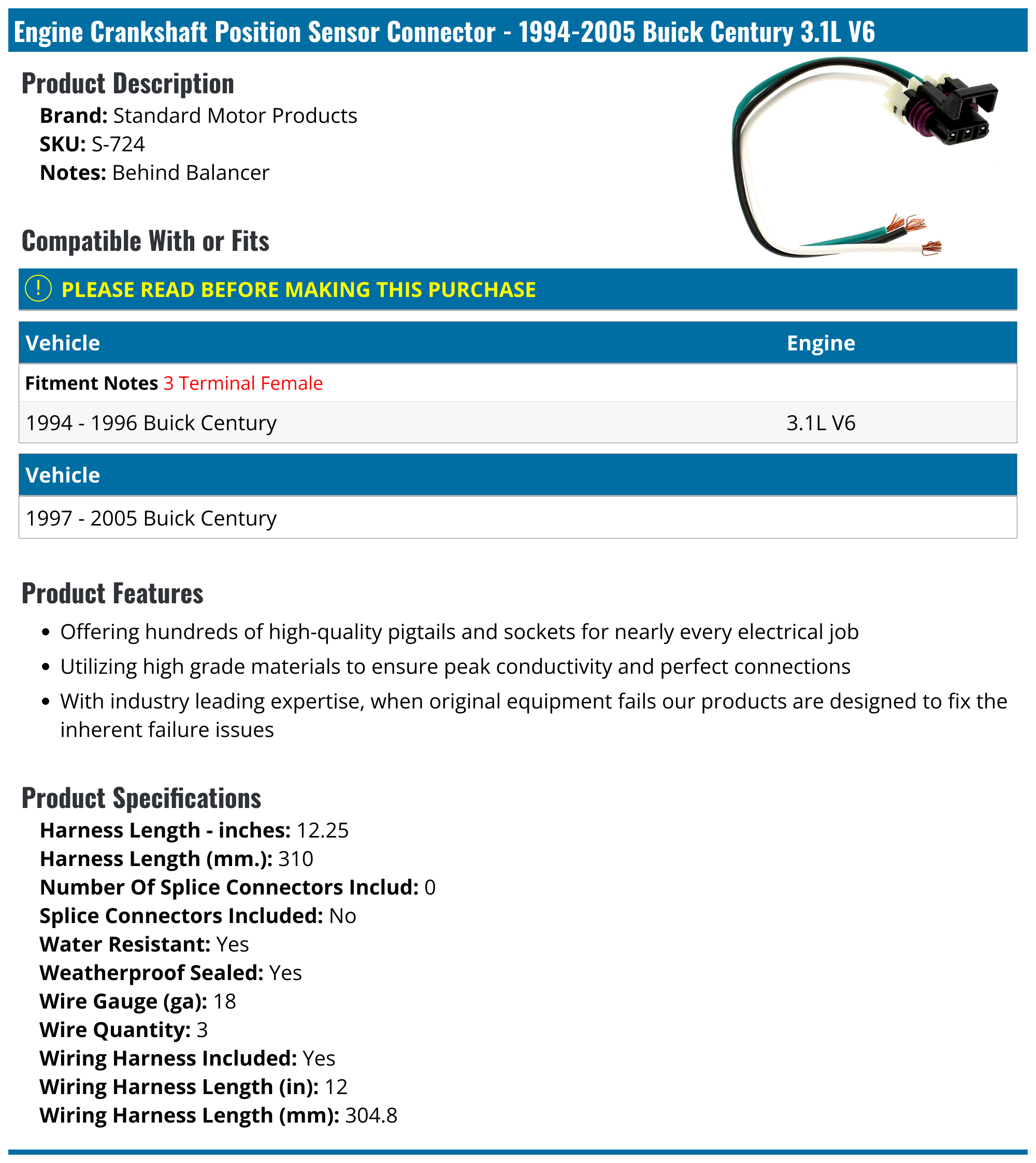 1994-2005 Buick Century Engine Crankshaft Position Sensor Connector -  Standard Motor Products S-724 - PartsGeek.com, image size:2000x2244
