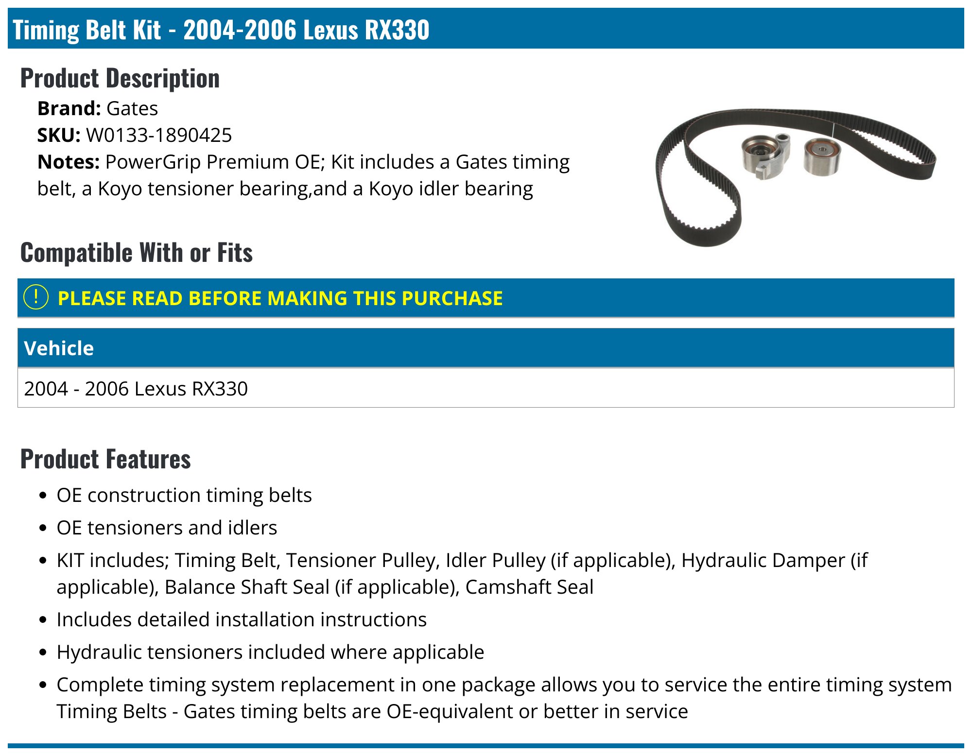 Kit Timing Belt For Toyota Solara Highlander Sienna Lexus