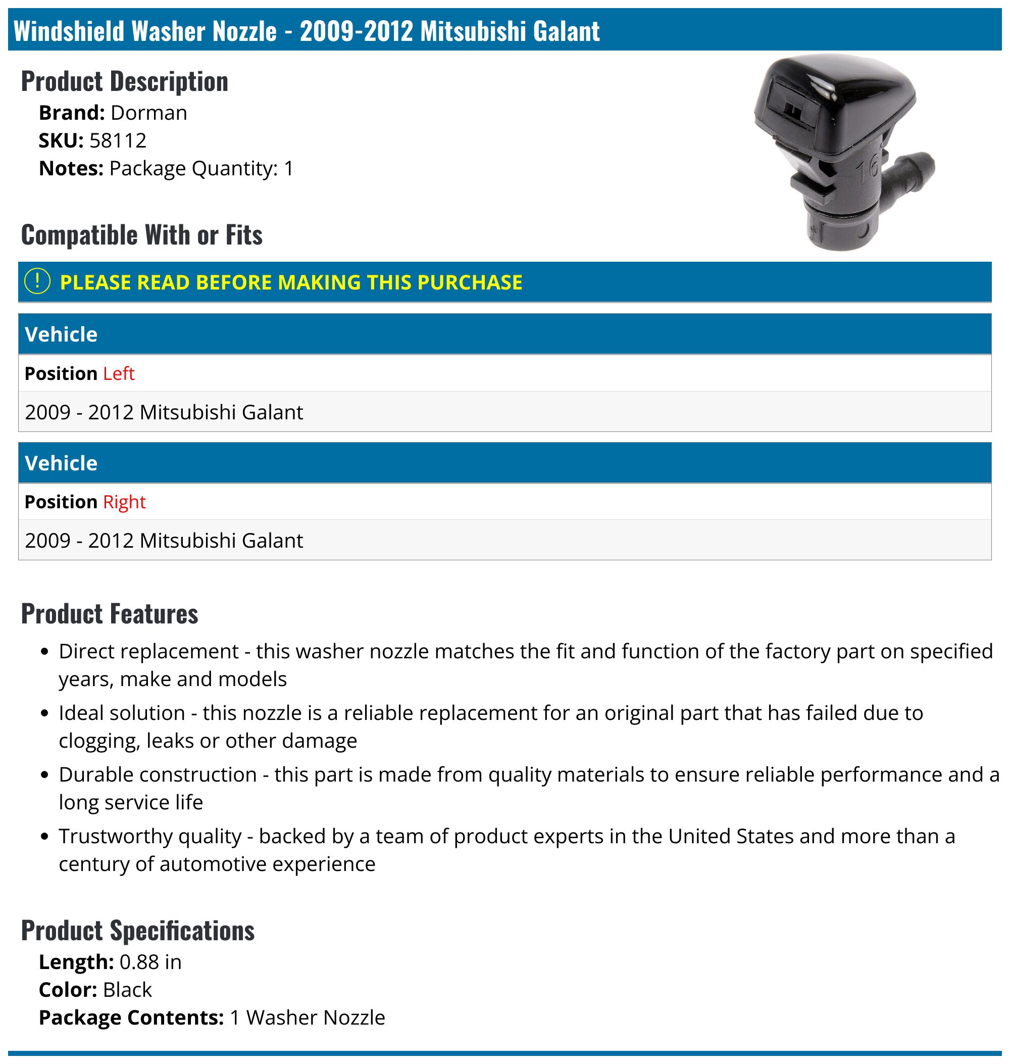 20092012 Mitsubishi Galant Windshield Washer Nozzle Dorman 58112