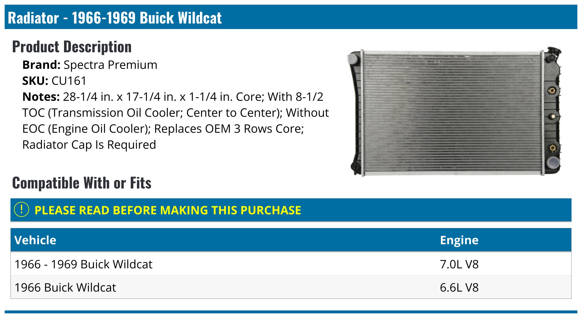 19661969 Buick Wildcat Radiator Spectra Premium CU161
