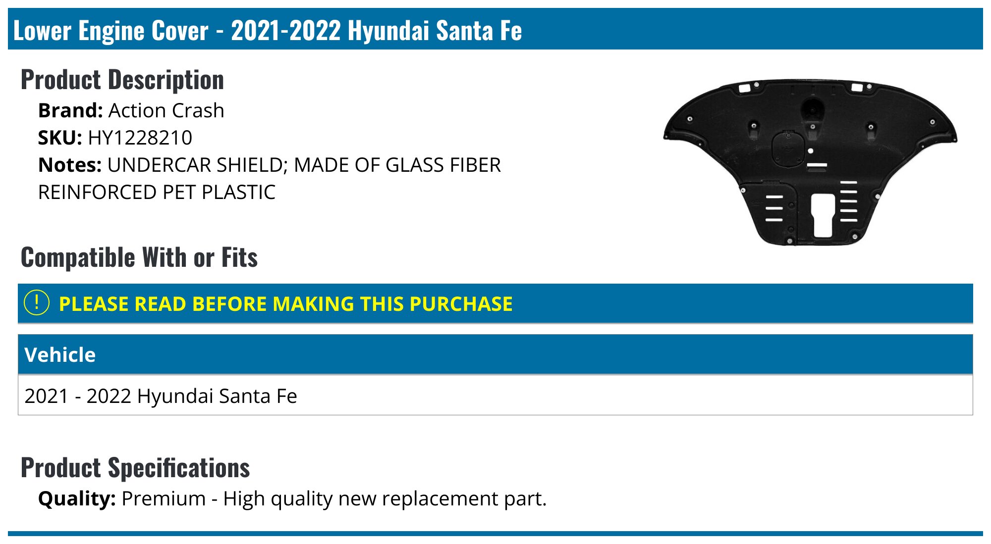 y♥️ 2021-2023 Hyundai Santa Fe Lower Engine Cover - Action Crash