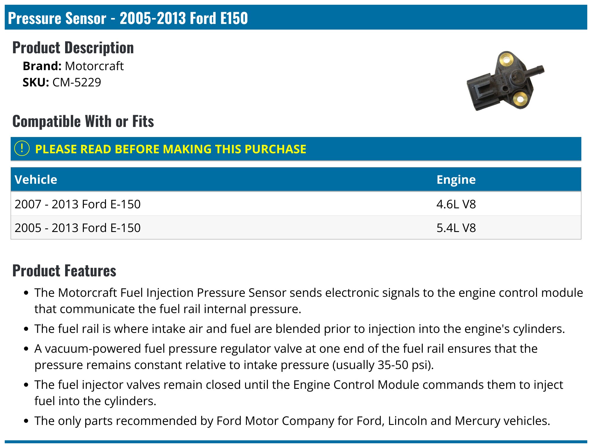 TRQ Engine Fuel Pressure Sensor for Ford Lincoln Mercury